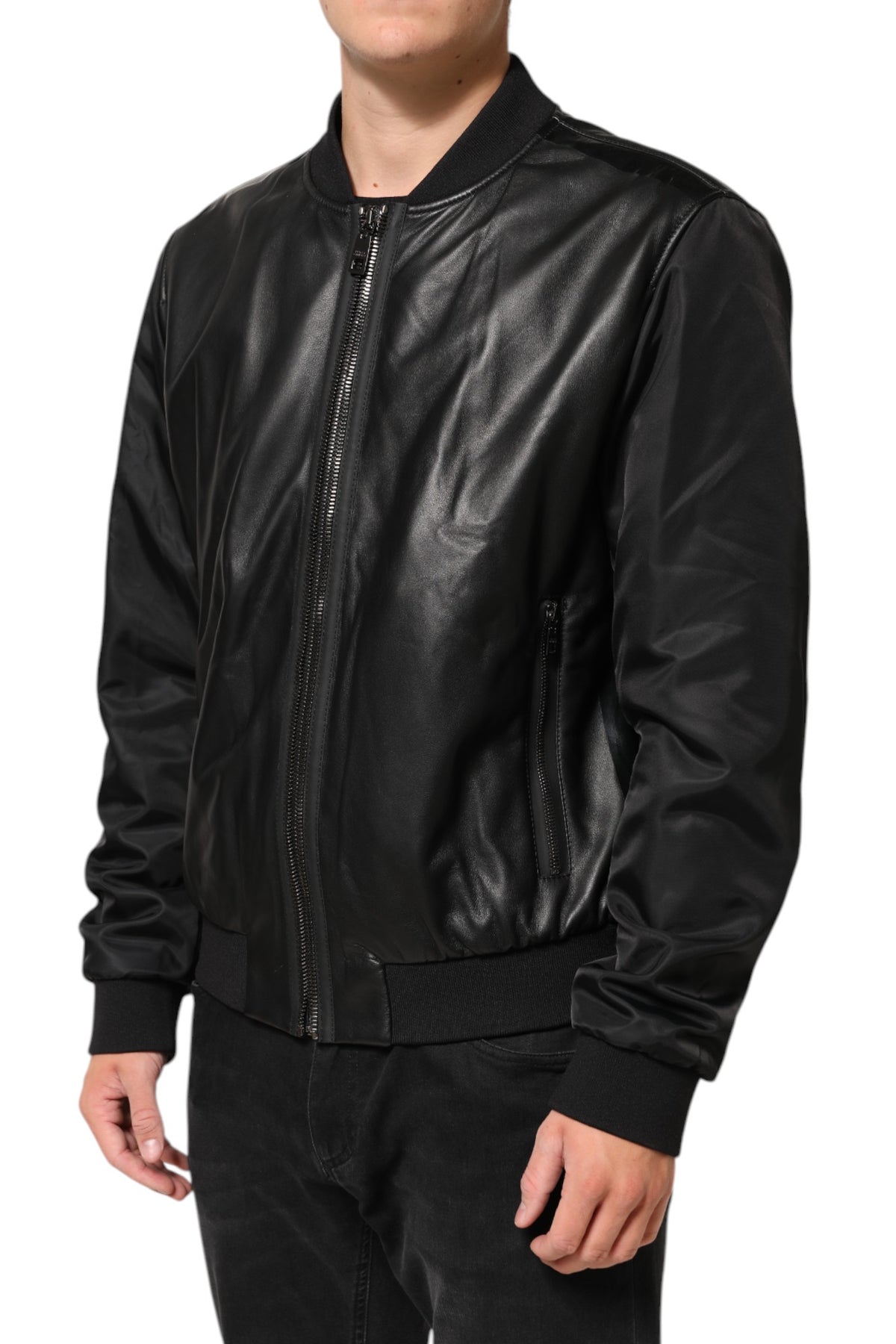 New Dolce & Gabbana Black Leather Nylon FullZip Blouson Jacket