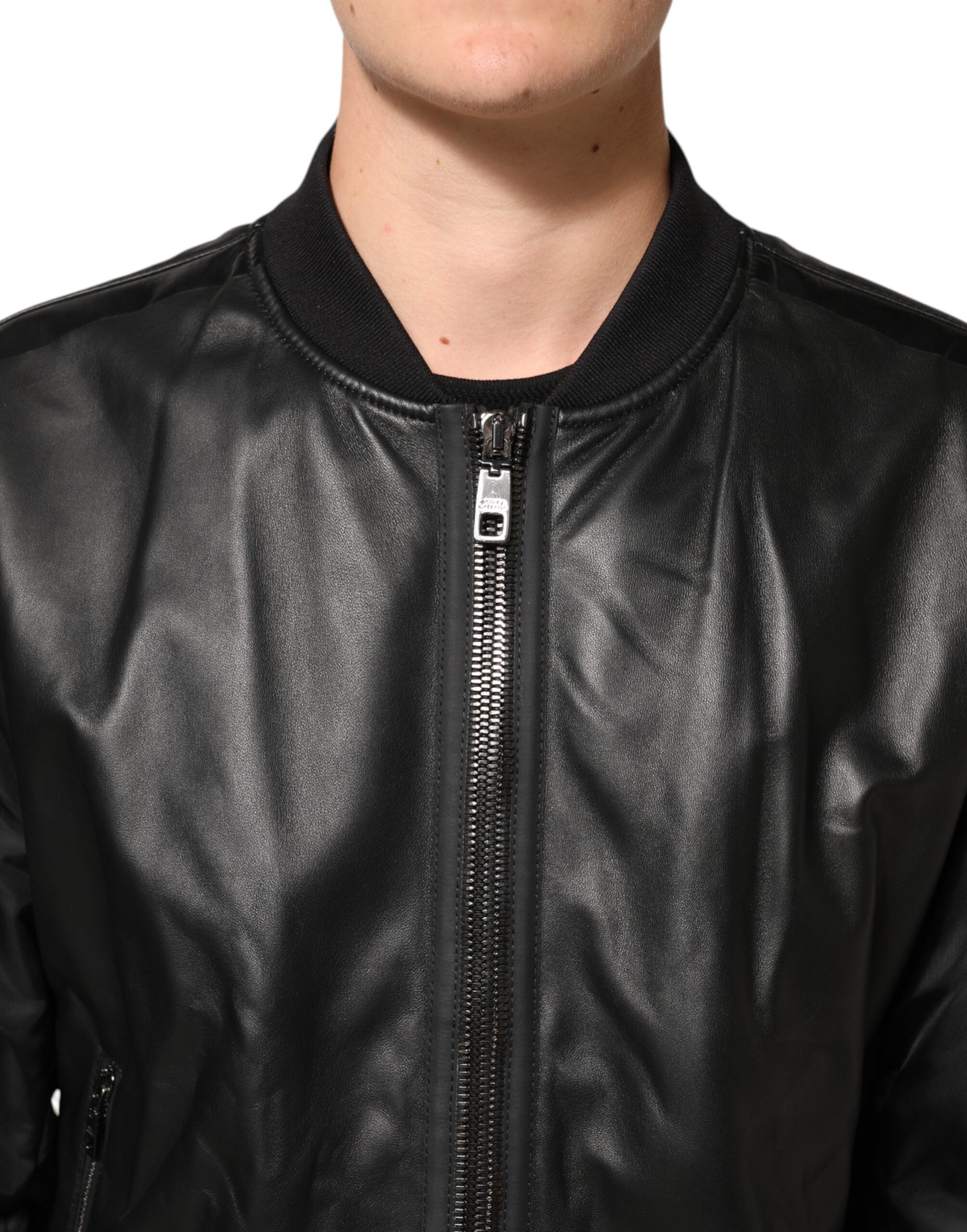 New Dolce & Gabbana Black Leather Nylon FullZip Blouson Jacket