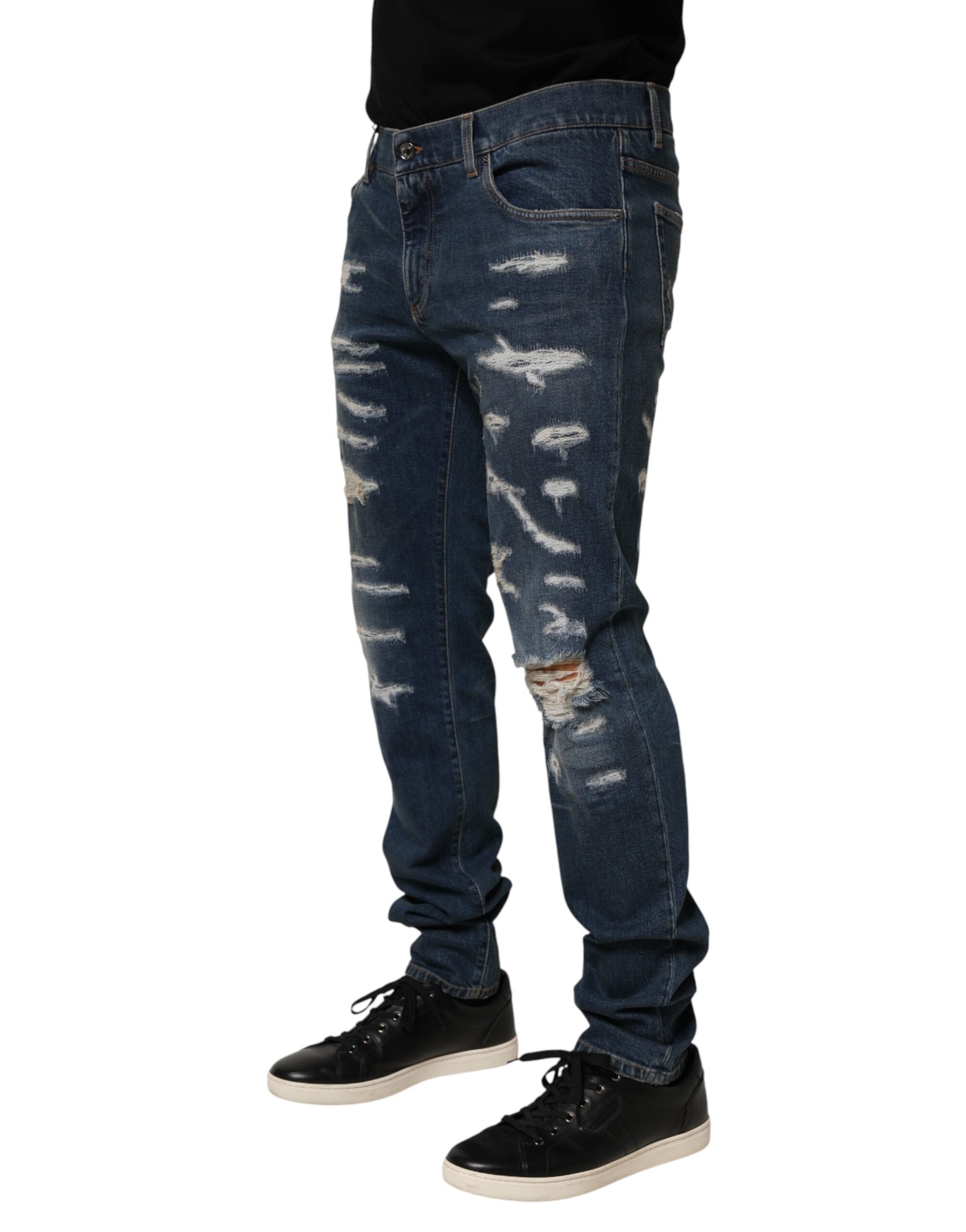 Dolce & Gabbana Blue Tattered Cotton Skinny Men Denim Jeans