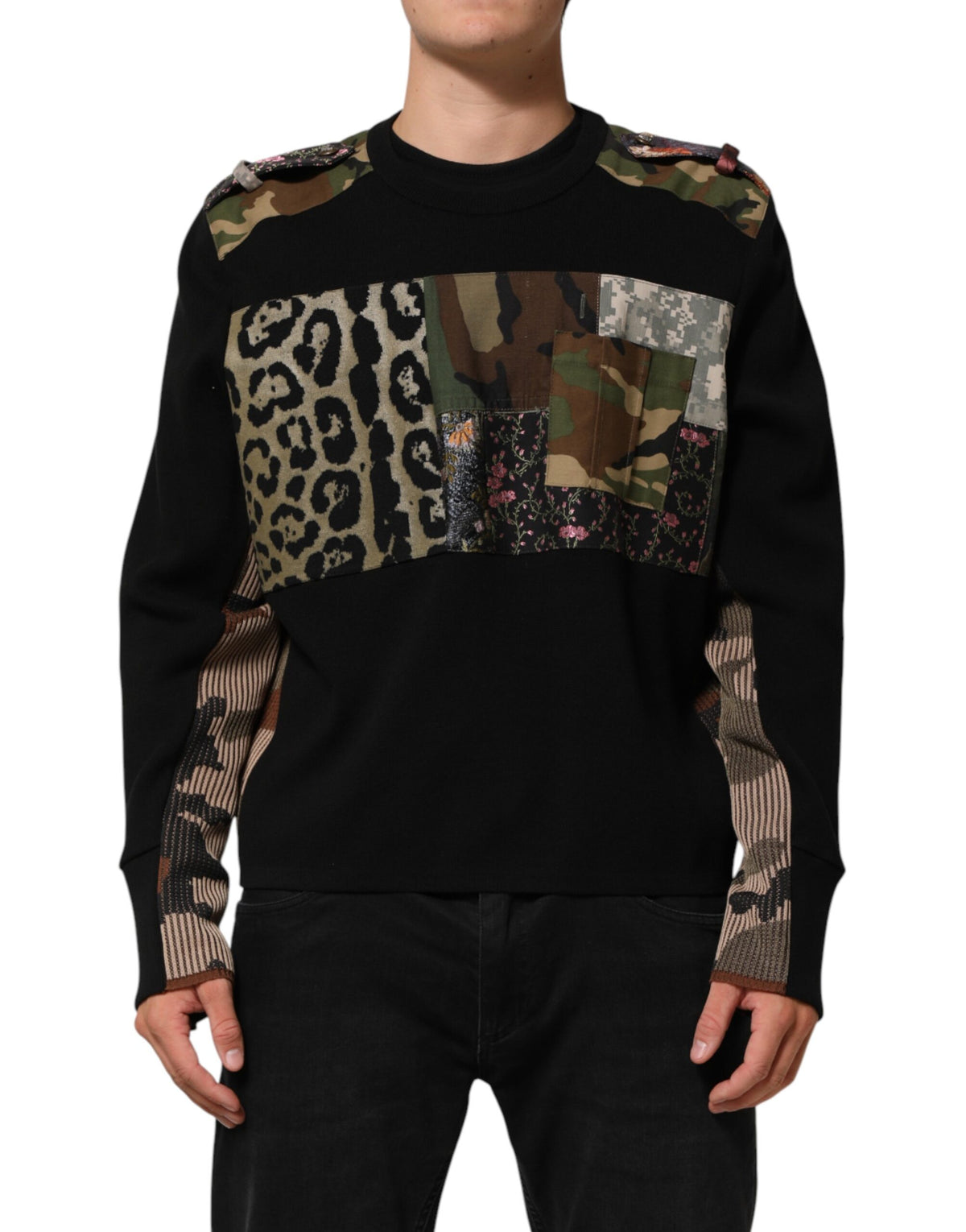 New Dolce & Gabbana Black Patchwork Crew Neck Pullover Sweater
