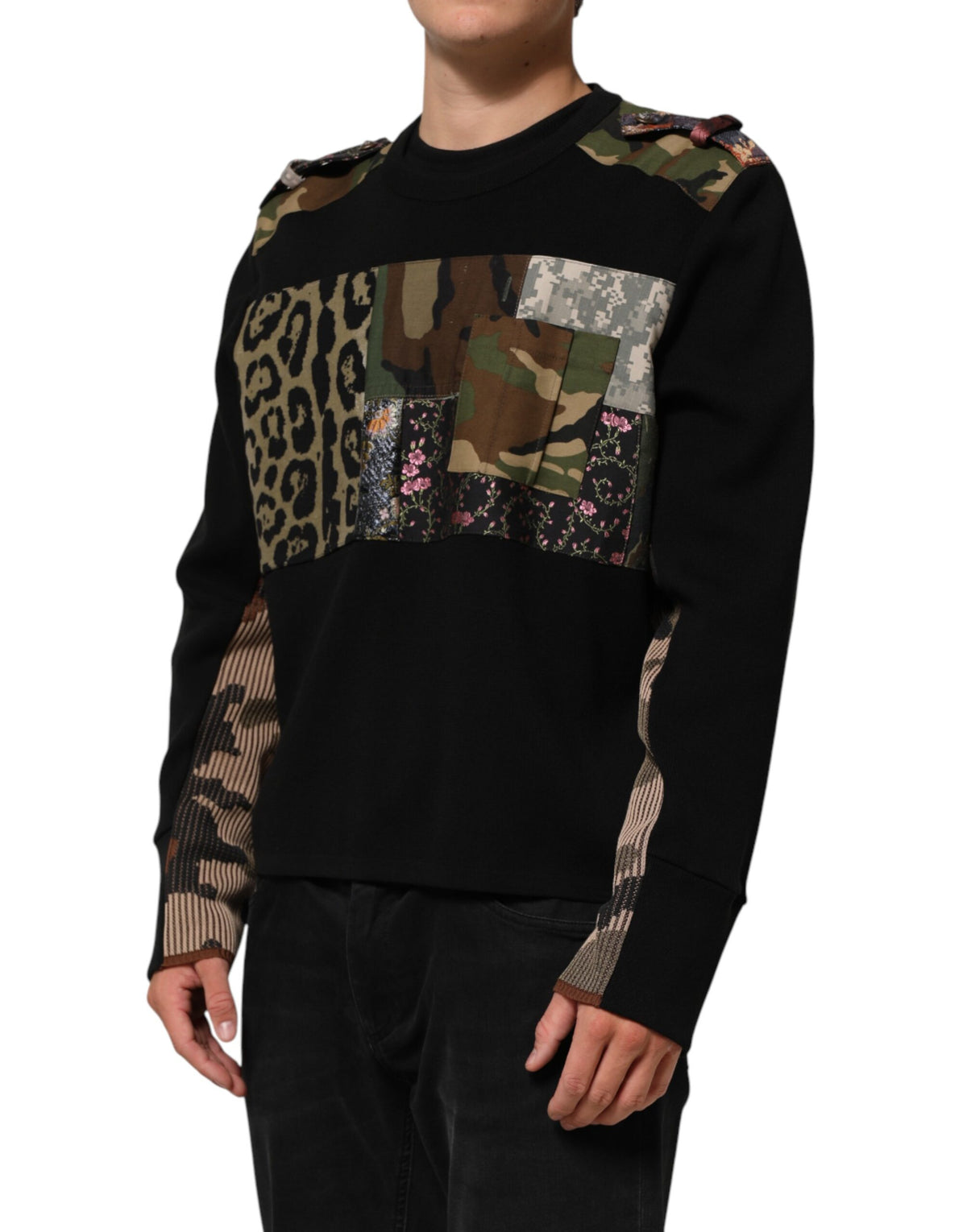 New Dolce & Gabbana Black Patchwork Crew Neck Pullover Sweater