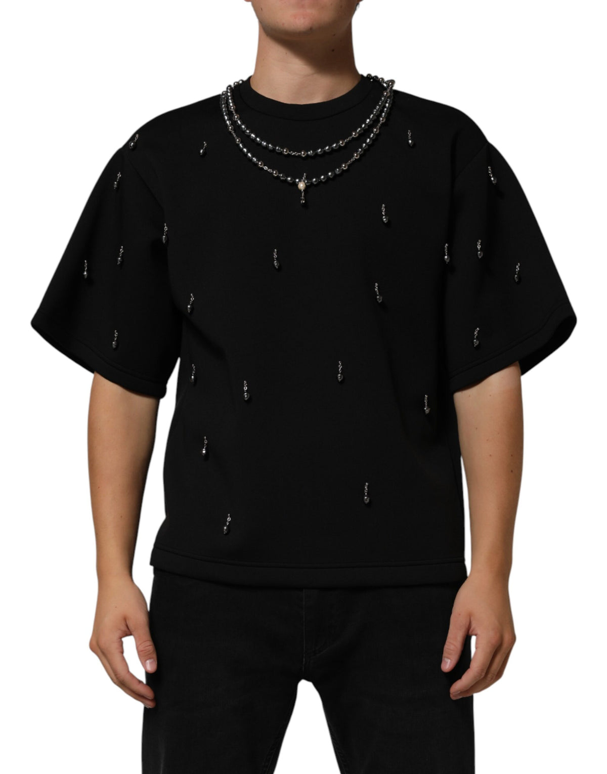 New Dolce & Gabbana Black Polyester Necklace Embellished T-shirt