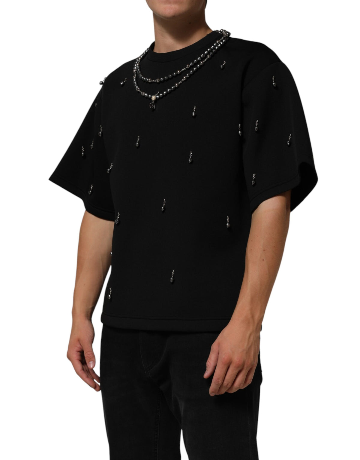New Dolce & Gabbana Black Polyester Necklace Embellished T-shirt