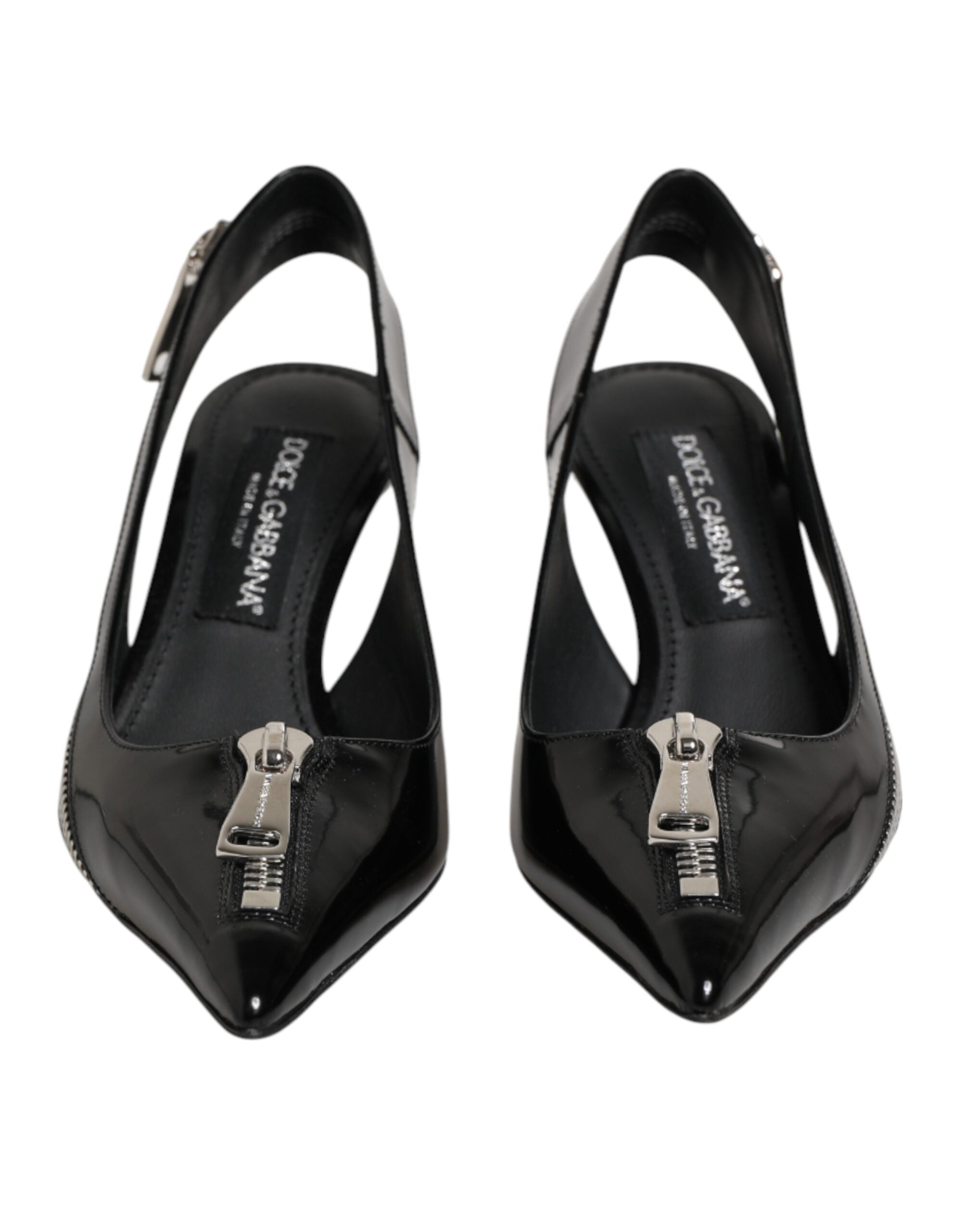 Dolce & Gabbana Black Zipper Leather Heels Slingbacks Shoes
