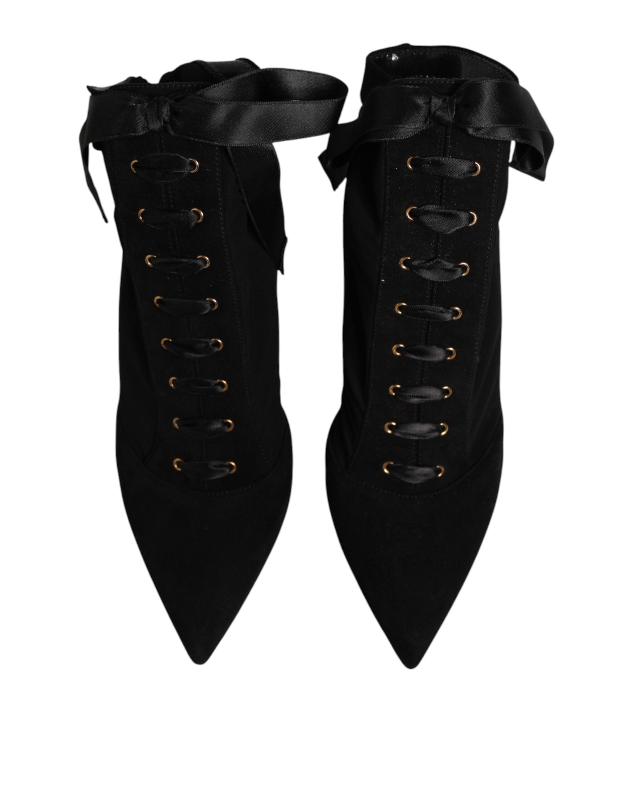 New Dolce & Gabbana Black Stiletto Heels Lace Up Boots Shoes