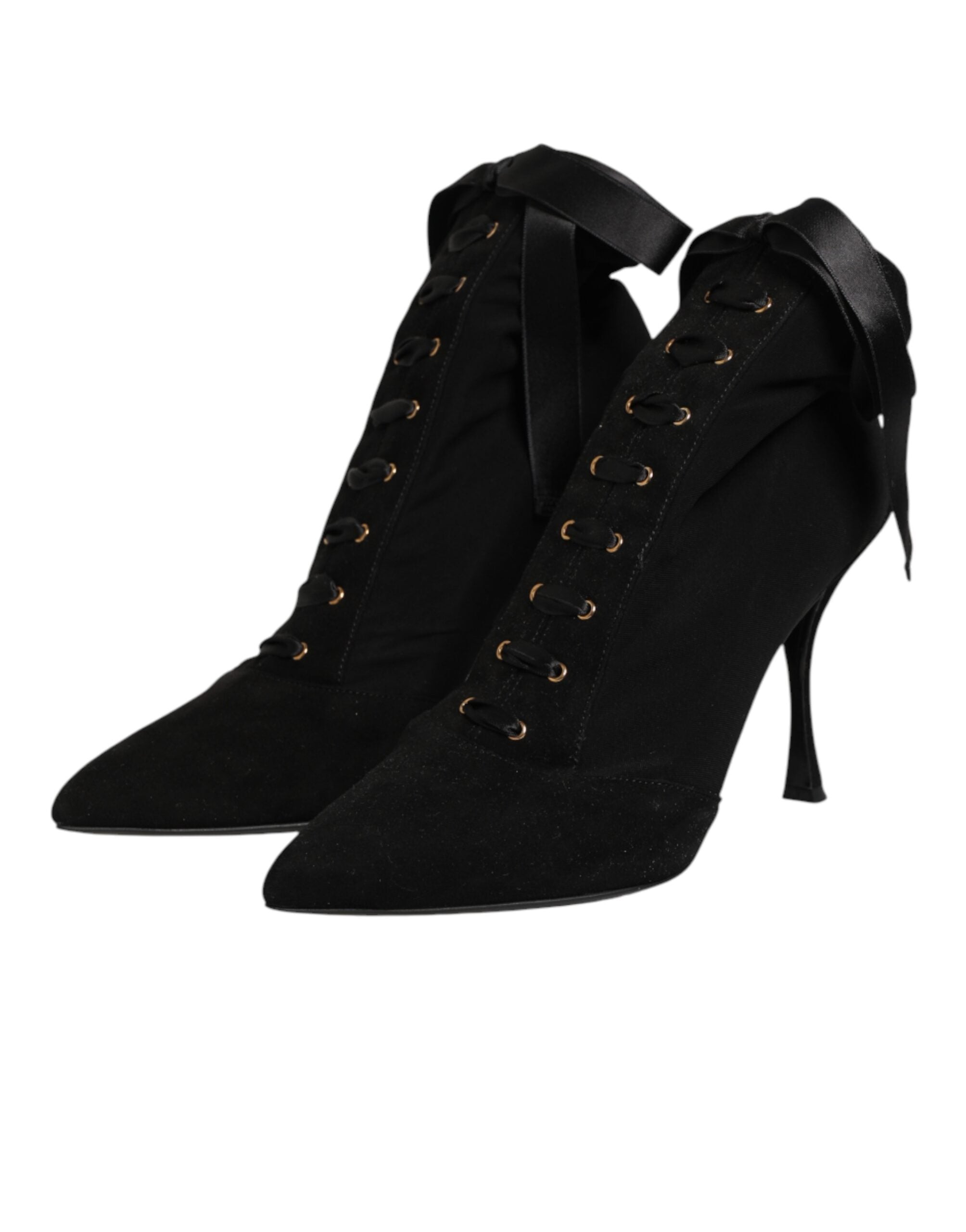 New Dolce & Gabbana Black Stiletto Heels Lace Up Boots Shoes