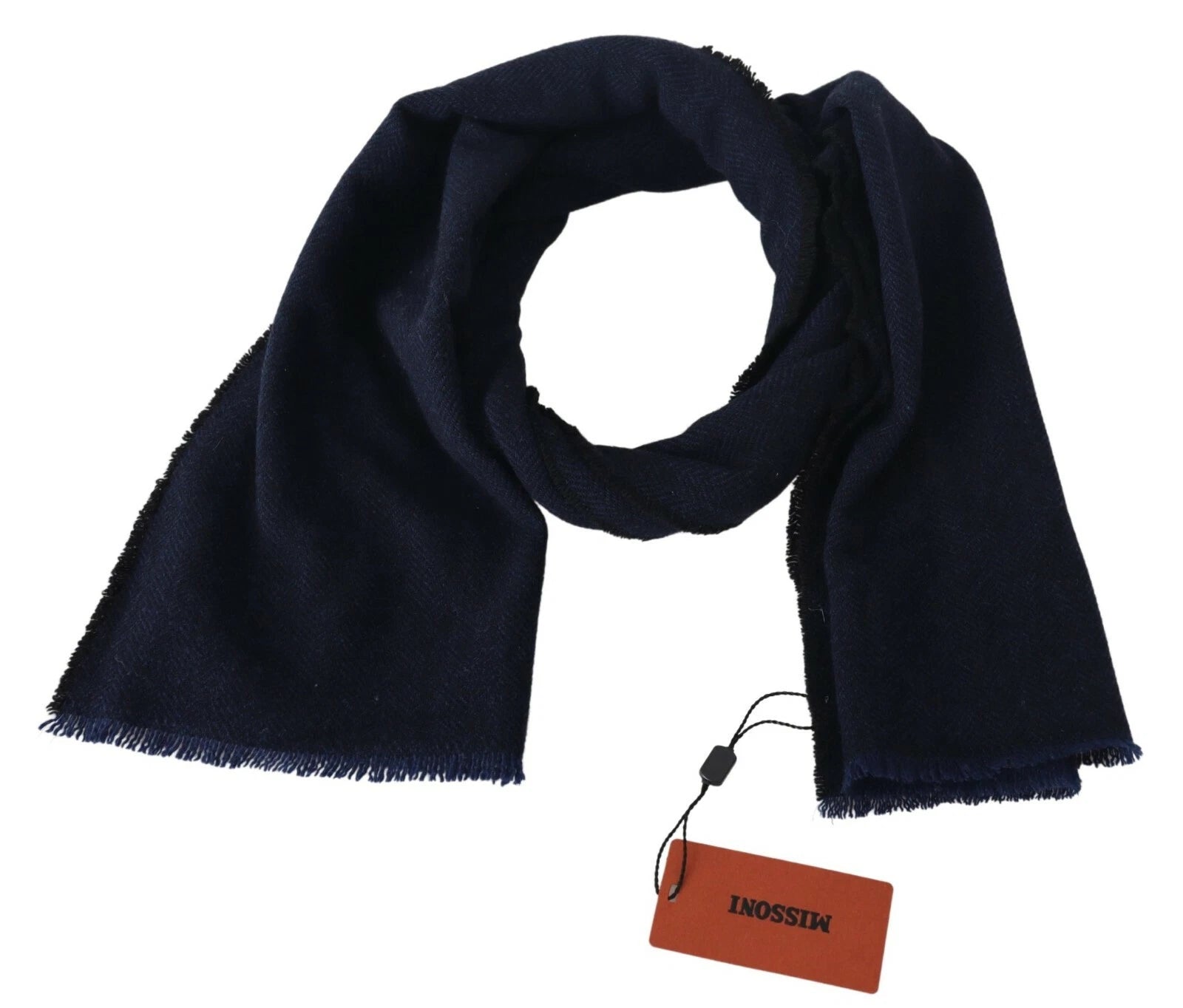 New M Missoni Dark Blue Wool Unisex Neck Wrap Fringes Logo Scarf