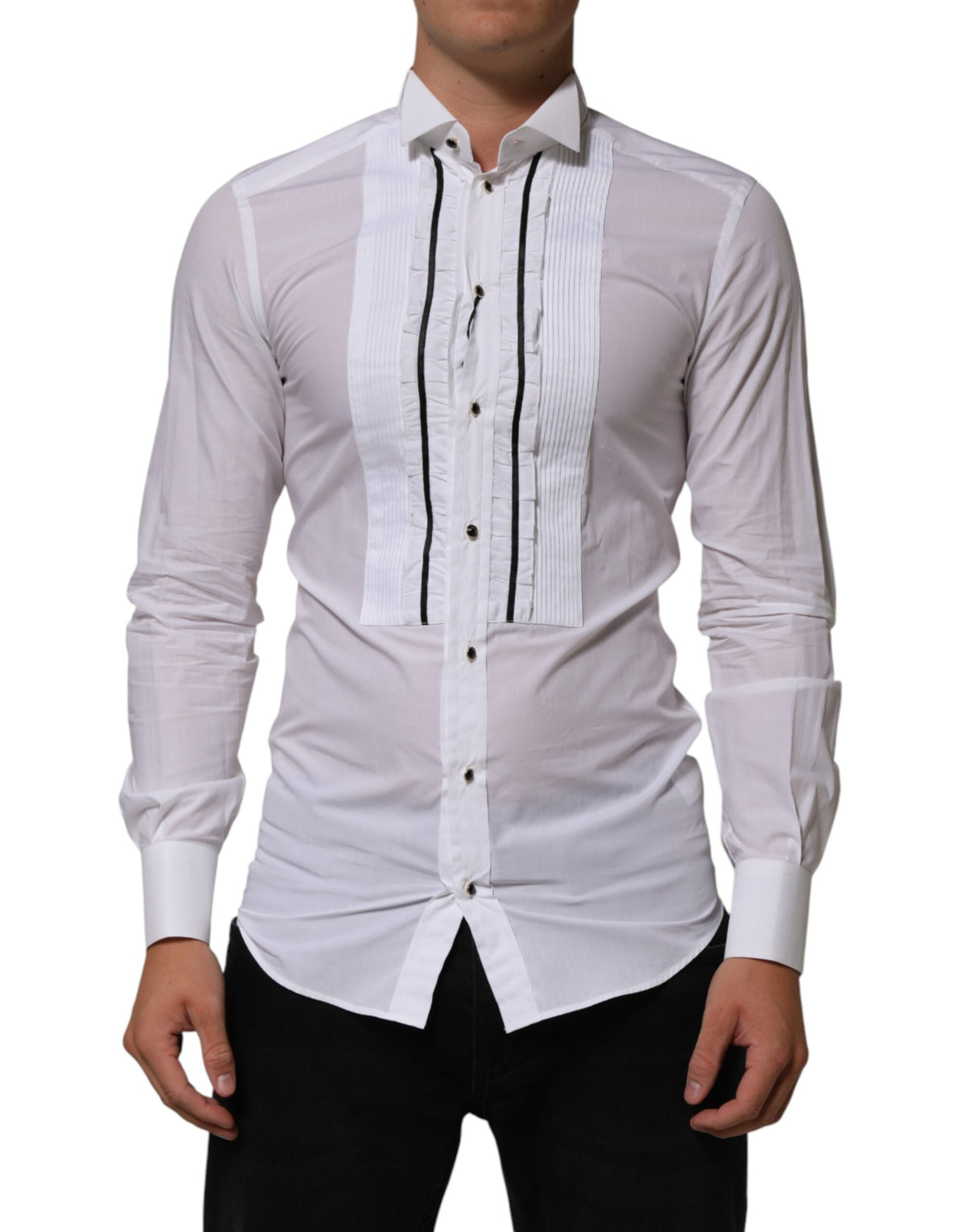 Dolce & Gabbana White Cotton Collared Long Sleeve GOLD Dress Shirt
