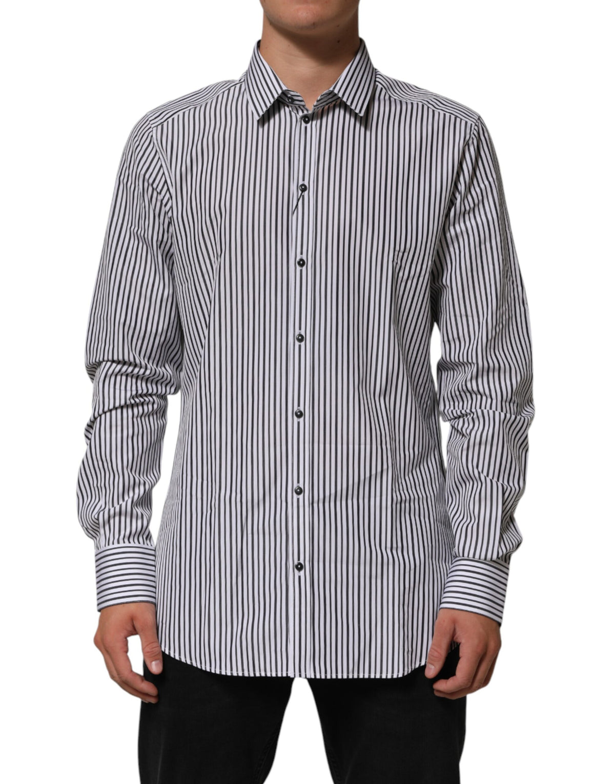 Dolce & Gabbana Black White Stripes Men GOLD Dress Shirt