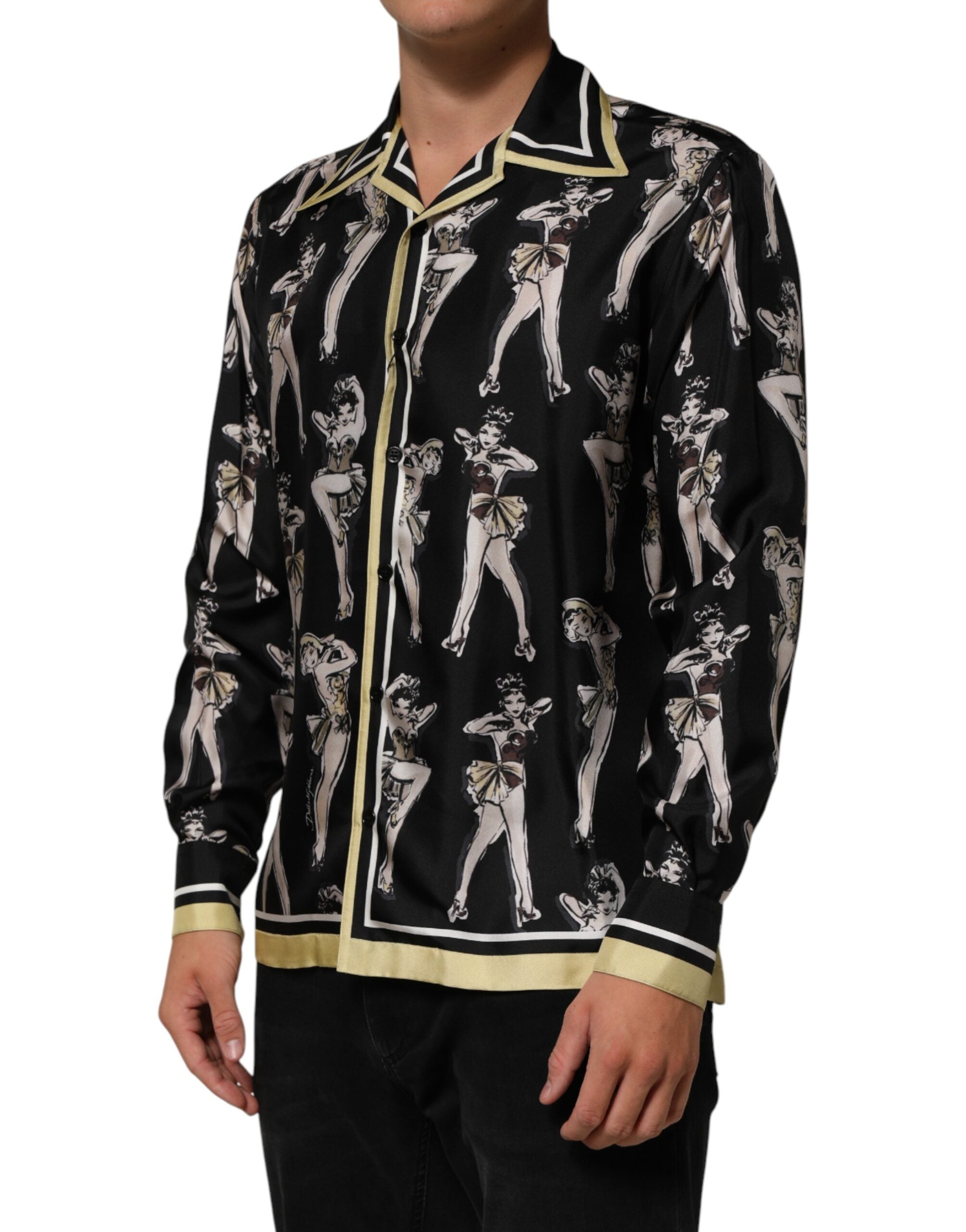 Dolce & Gabbana Black Silk Pin Up Printed Button Down Shirt