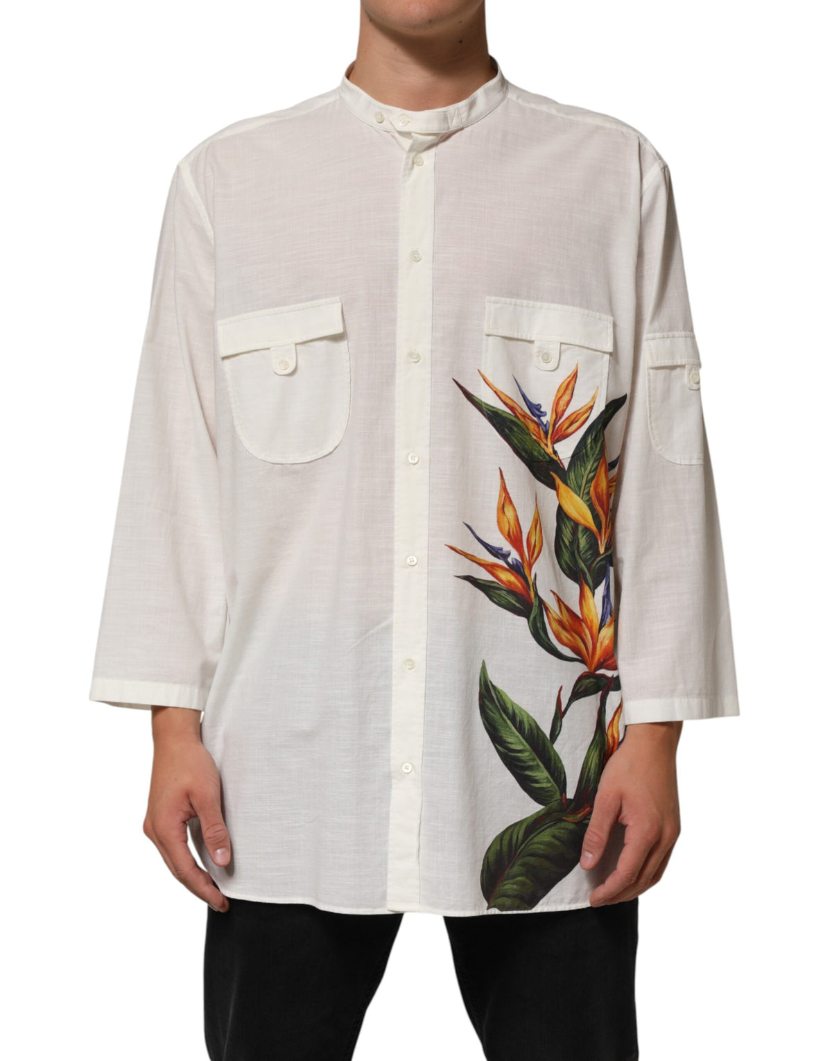 Dolce & Gabbana White Cotton Floral Print Button Down Shirt