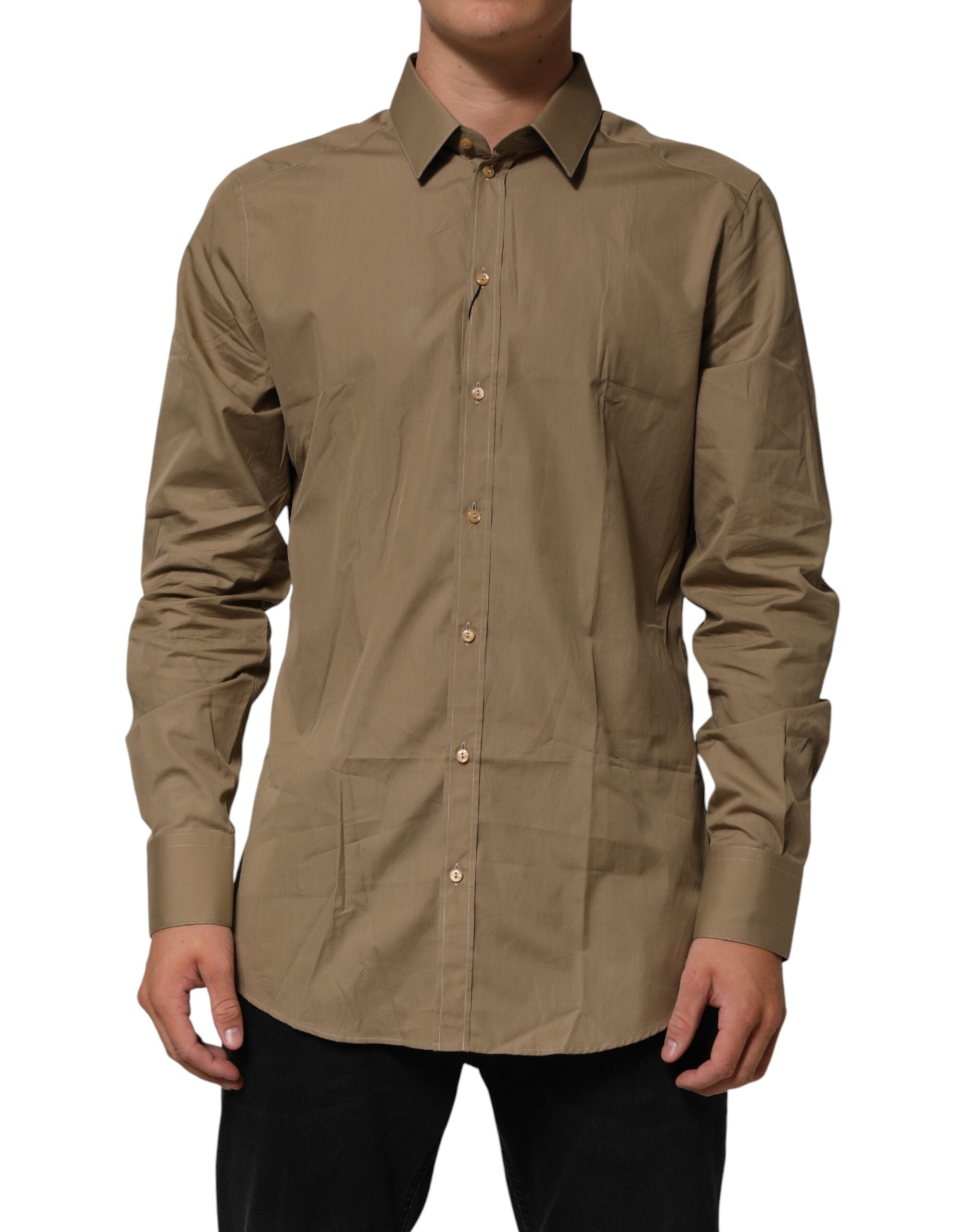 Dolce & Gabbana Brown Cotton Collared Men GOLD Dress Shirt