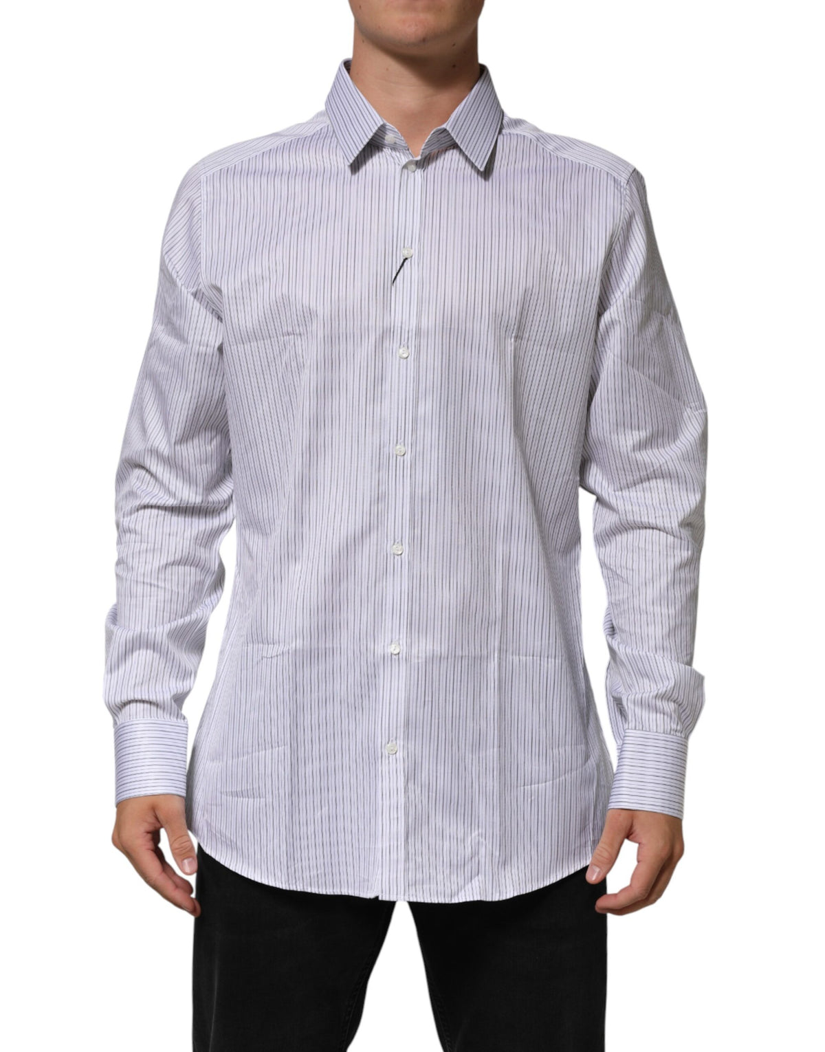 Dolce & Gabbana White Stripes Cotton Men GOLD Dress Shirt