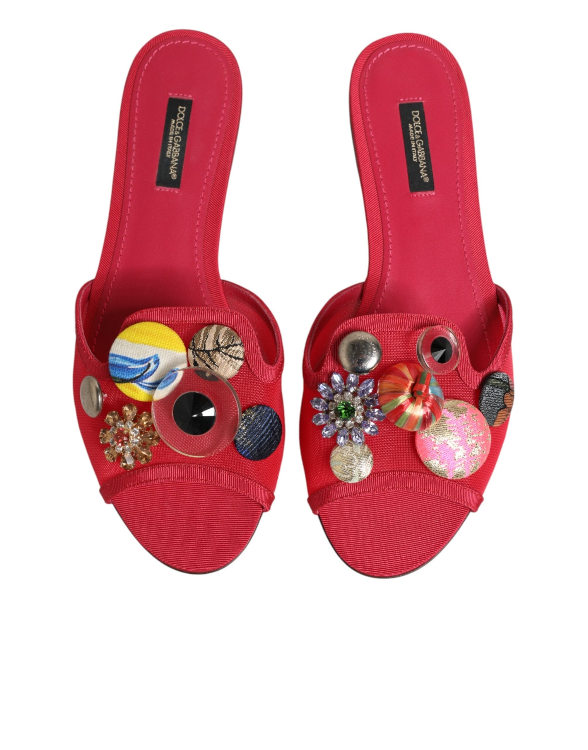 New Dolce & Gabbana Red Embellished Flats Slip On Sandals Shoes