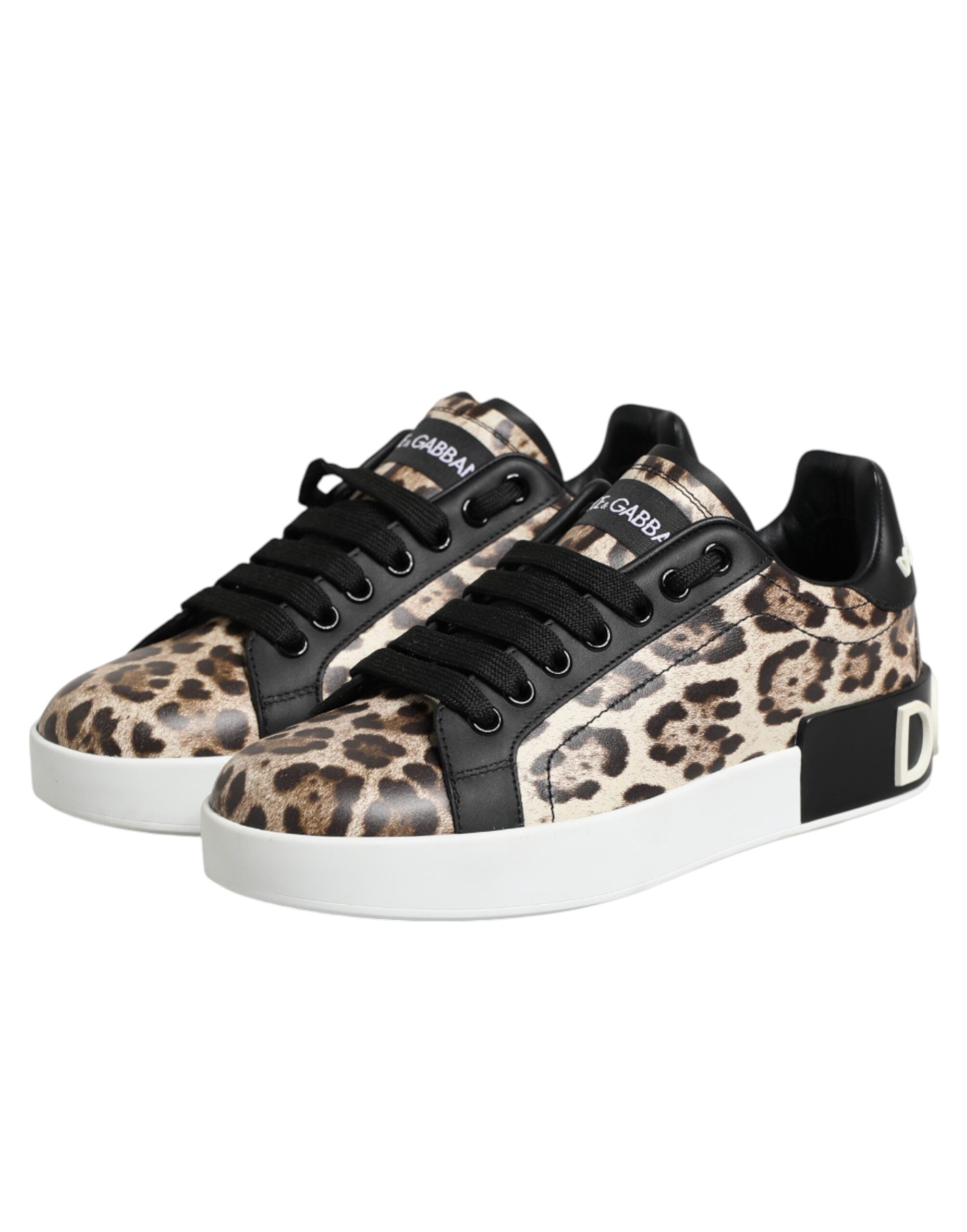New Dolce & Gabbana Brown Leather Leopard Low Top Sneakers Shoes