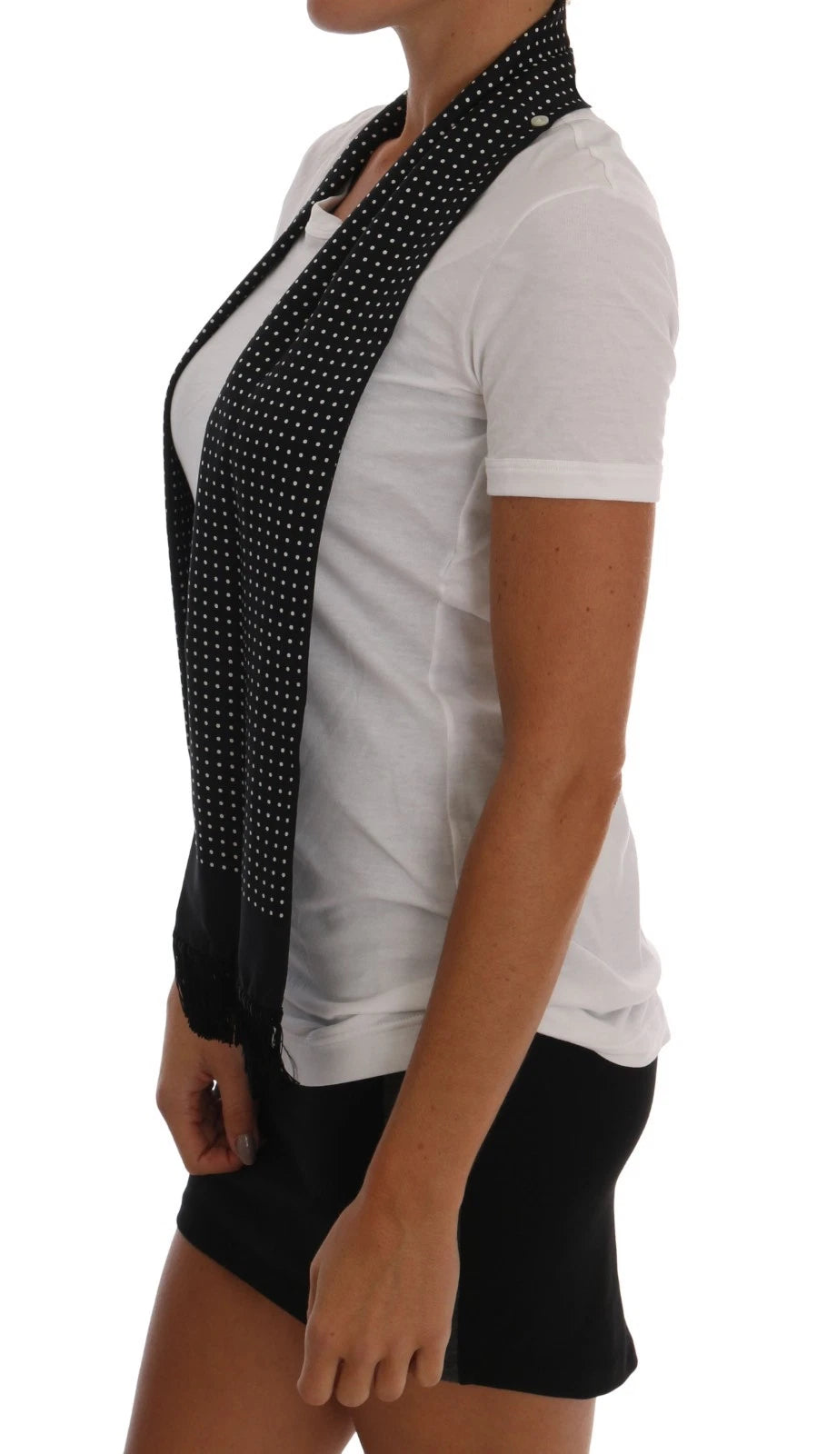 New Dolce & Gabbana White Cotton Black Silk Scarf Top T-shirt