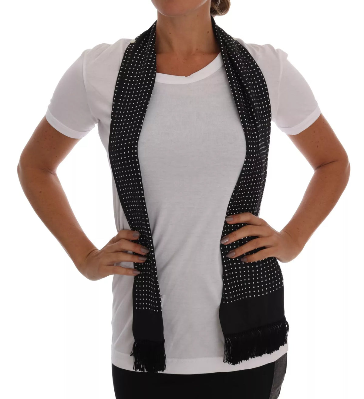 New Dolce & Gabbana White Cotton Black Silk Scarf Top T-shirt