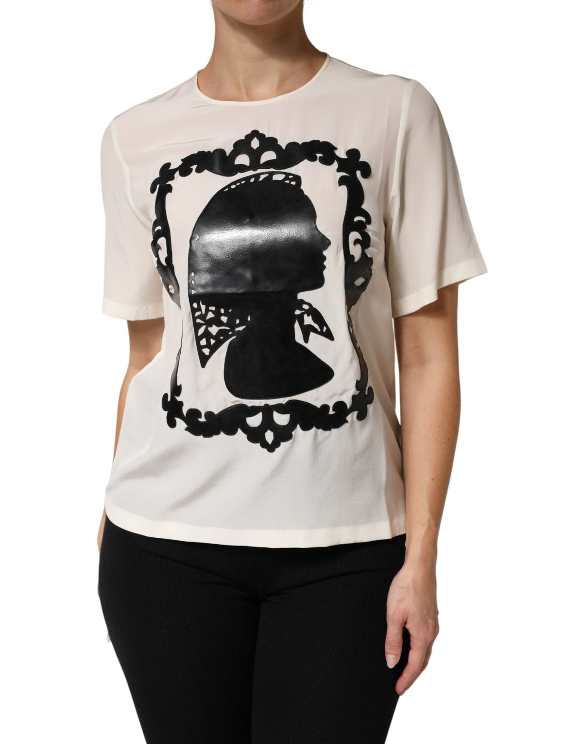 New Dolce & Gabbana Cream Silk Silhouette Detail Short Sleeve Top