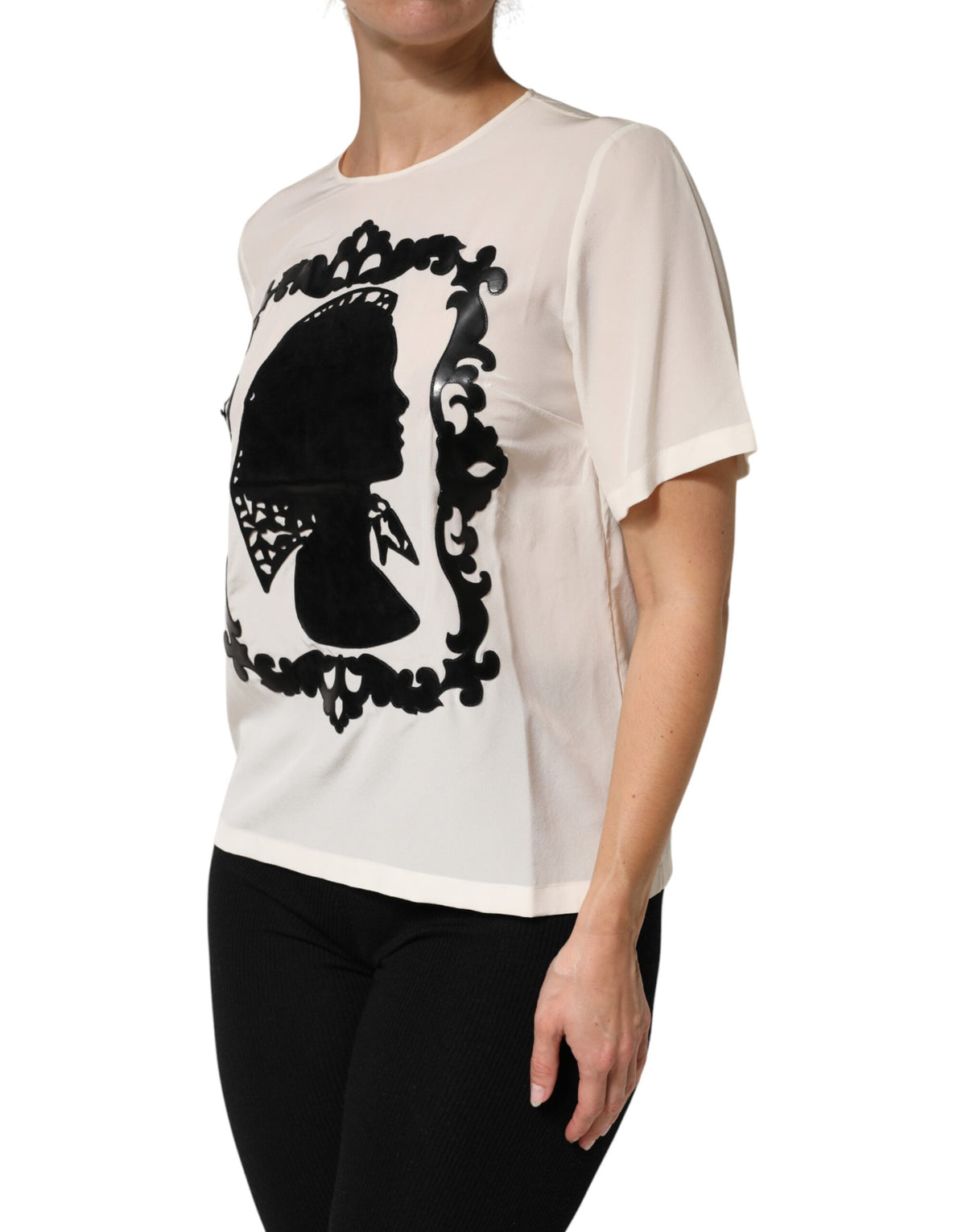 New Dolce & Gabbana Cream Silk Silhouette Detail Short Sleeve Top