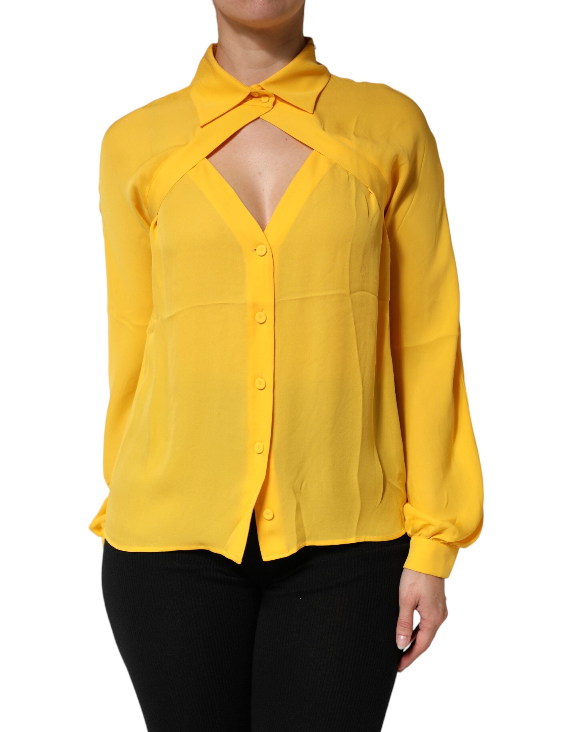 New Moschino Couture Yellow Silk Collared Long Sleeves Top