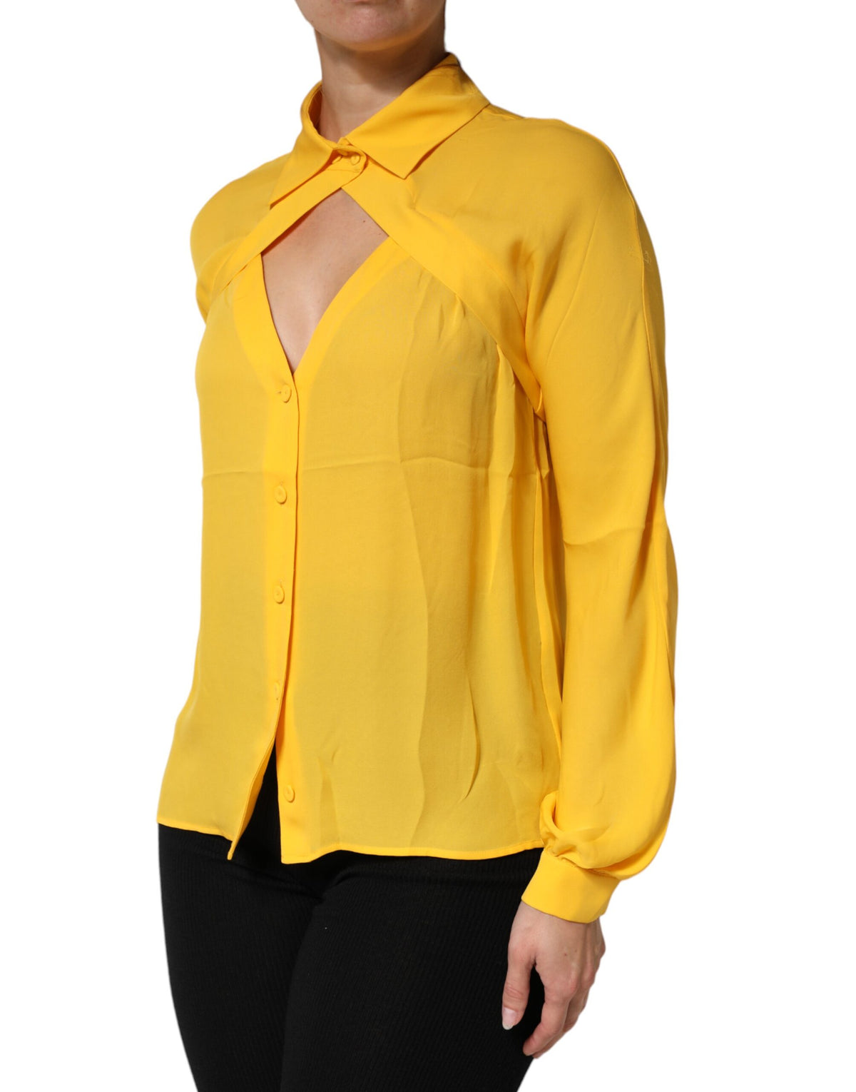 New Moschino Couture Yellow Silk Collared Long Sleeves Top