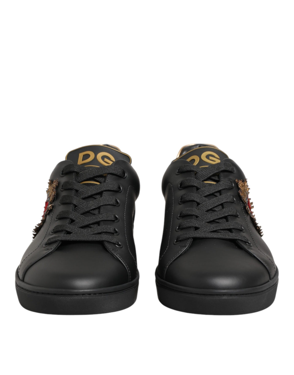 New Dolce & Gabbana Black Leather Heart Embellished Sneakers Shoes
