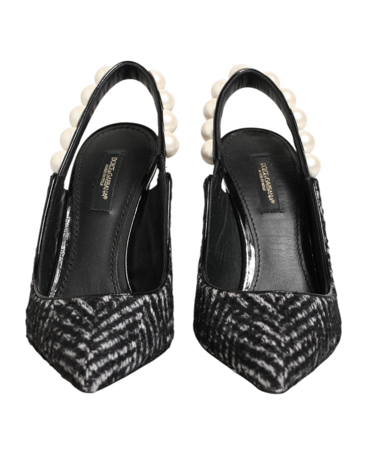 Dolce & Gabbana White Black Chevron Faux Pearl Slingbacks Shoes