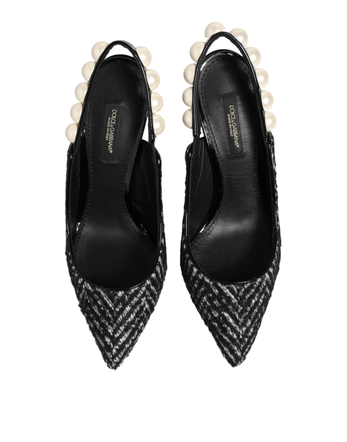 New Dolce & Gabbana White Black Chevron Faux Pearl Slingbacks Shoes