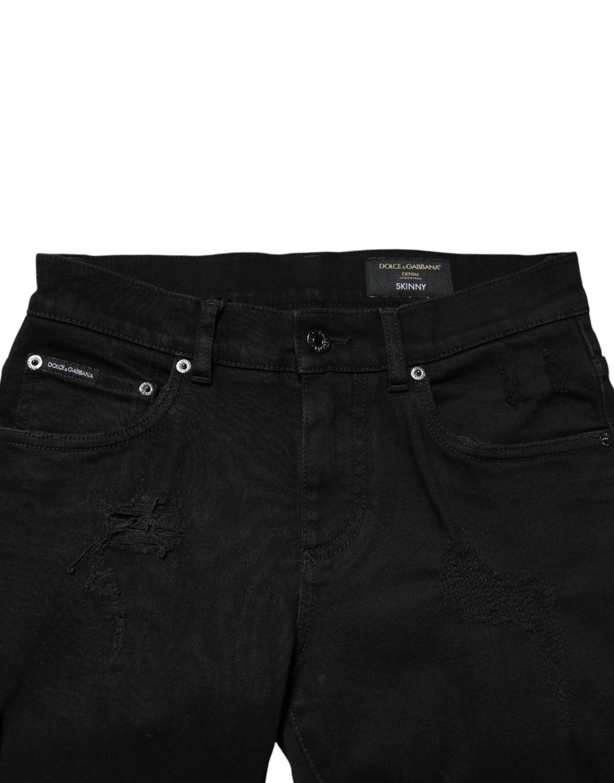 New Dolce & Gabbana Black Tattered Cotton Men Skinny Denim Jeans