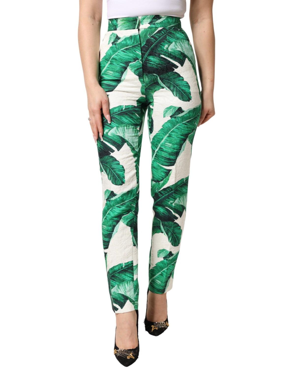 New Dolce & Gabbana White Green Leaf High Waist Trousers Pants