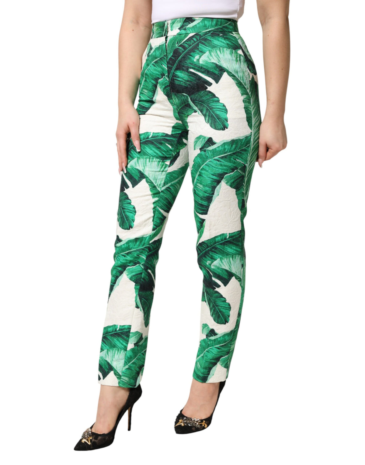 New Dolce & Gabbana White Green Leaf High Waist Trousers Pants