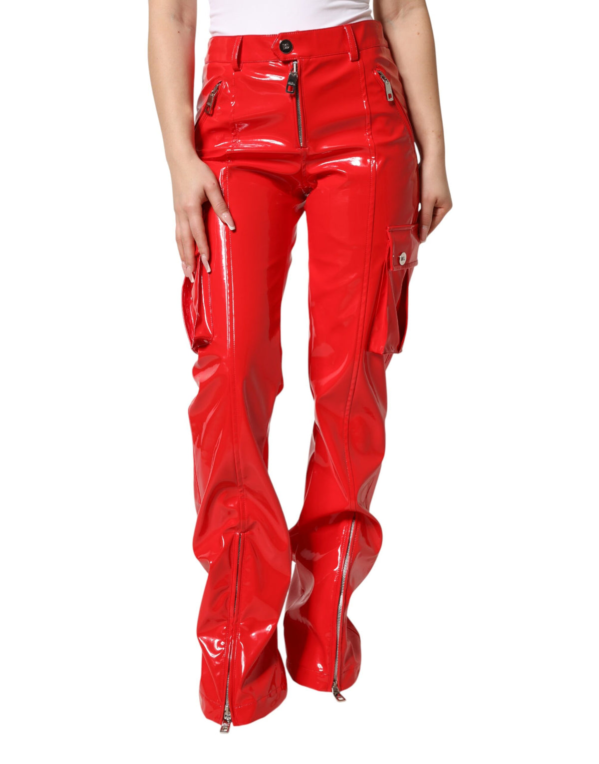 New Dolce & Gabbana Red Glossy Polyester Cargo Boot Cut Pants