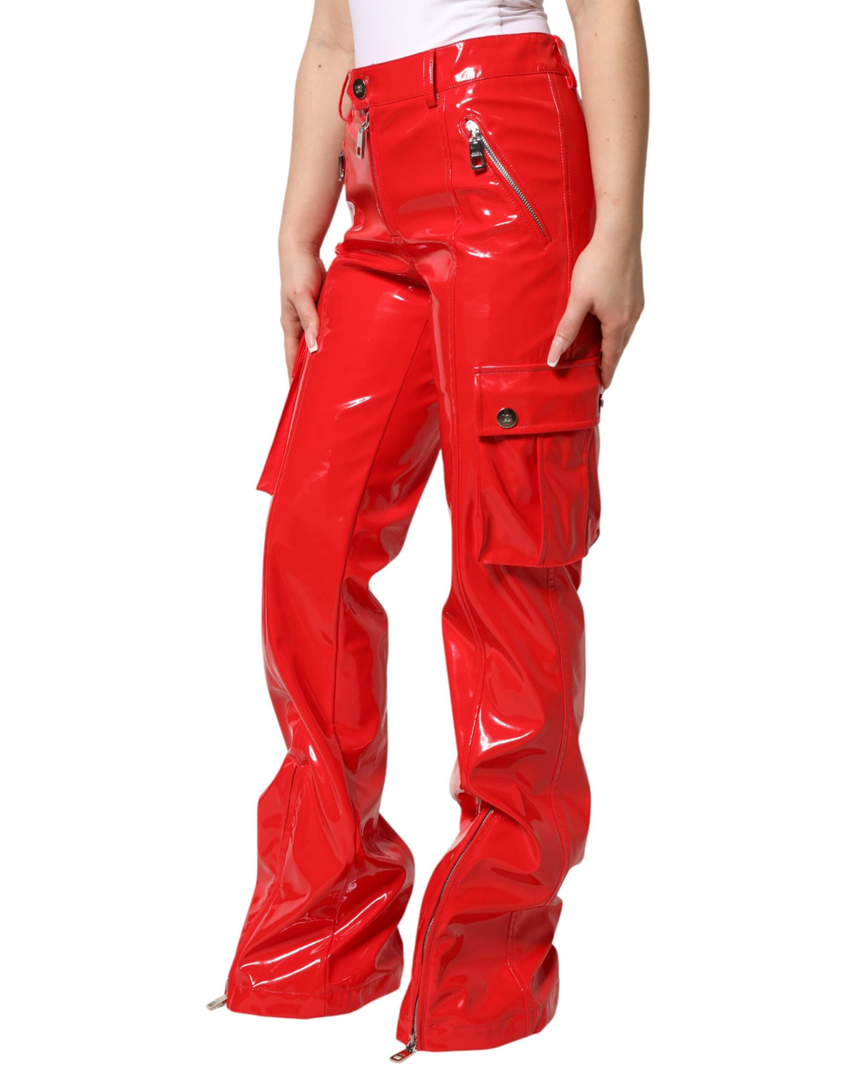 New Dolce & Gabbana Red Glossy Polyester Cargo Boot Cut Pants