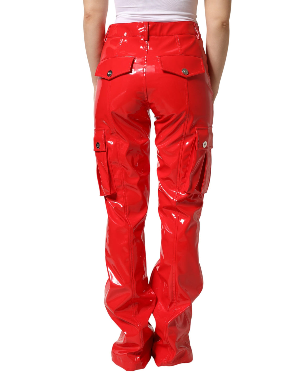 New Dolce & Gabbana Red Glossy Cargo Boot Cut Pants