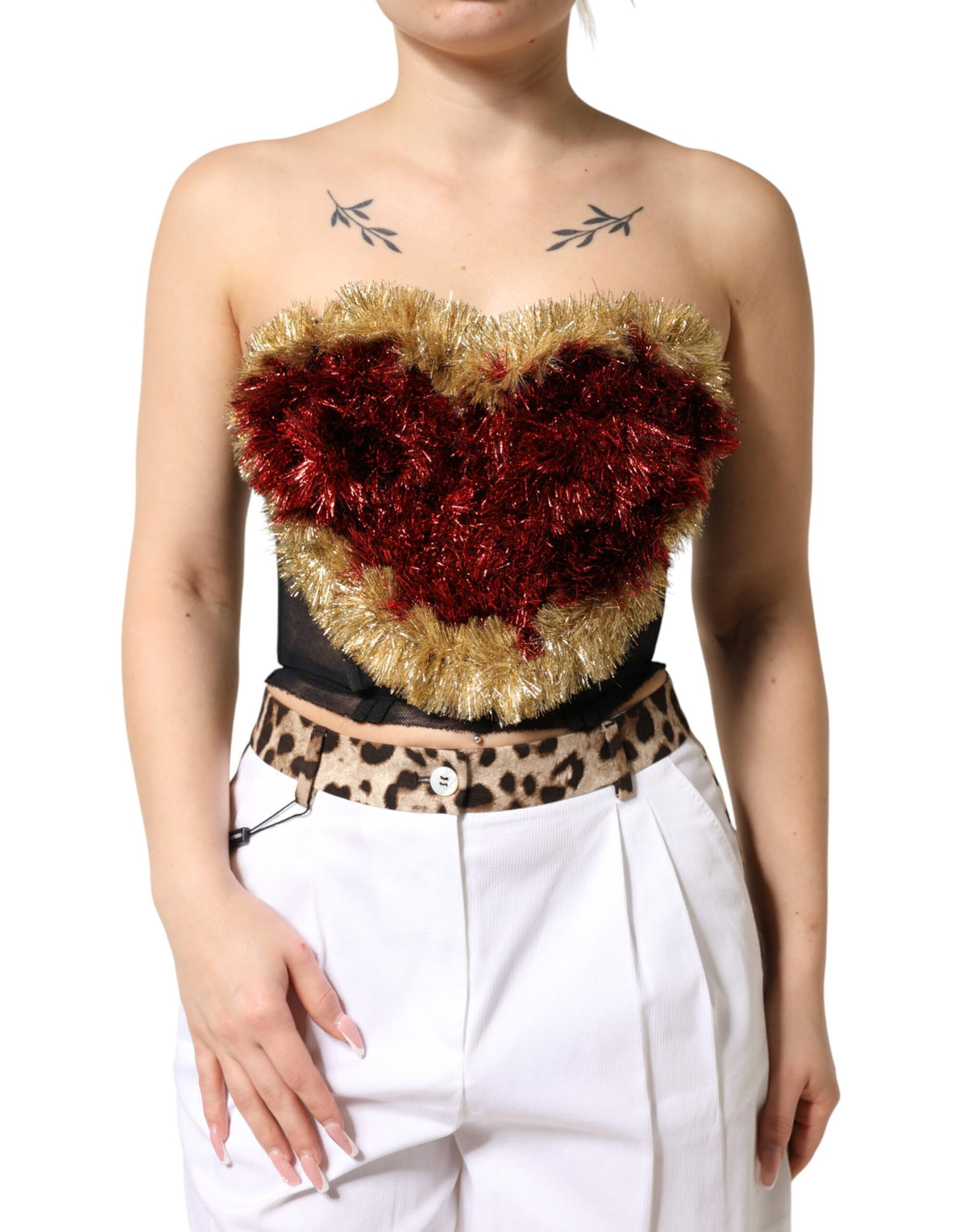 New Dolce & Gabbana Black Gold Heart Bustier Corset Tinsel Top