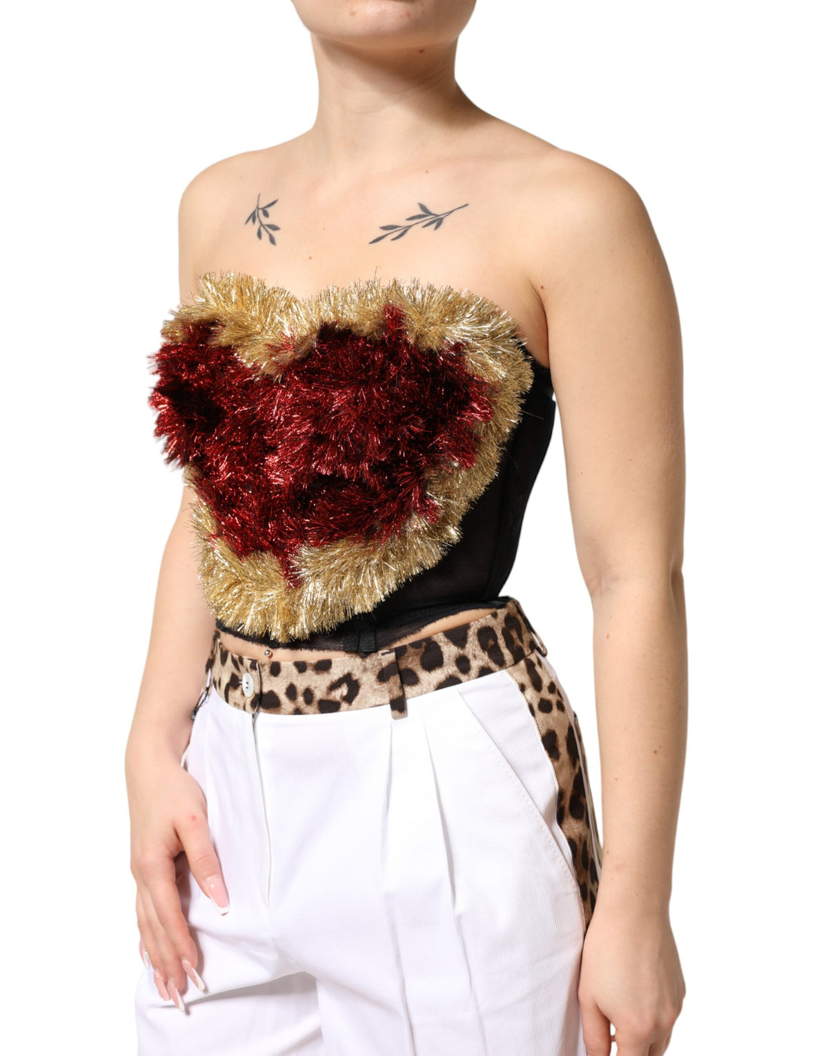 New Dolce & Gabbana Black Gold Heart Bustier Corset Tinsel Top