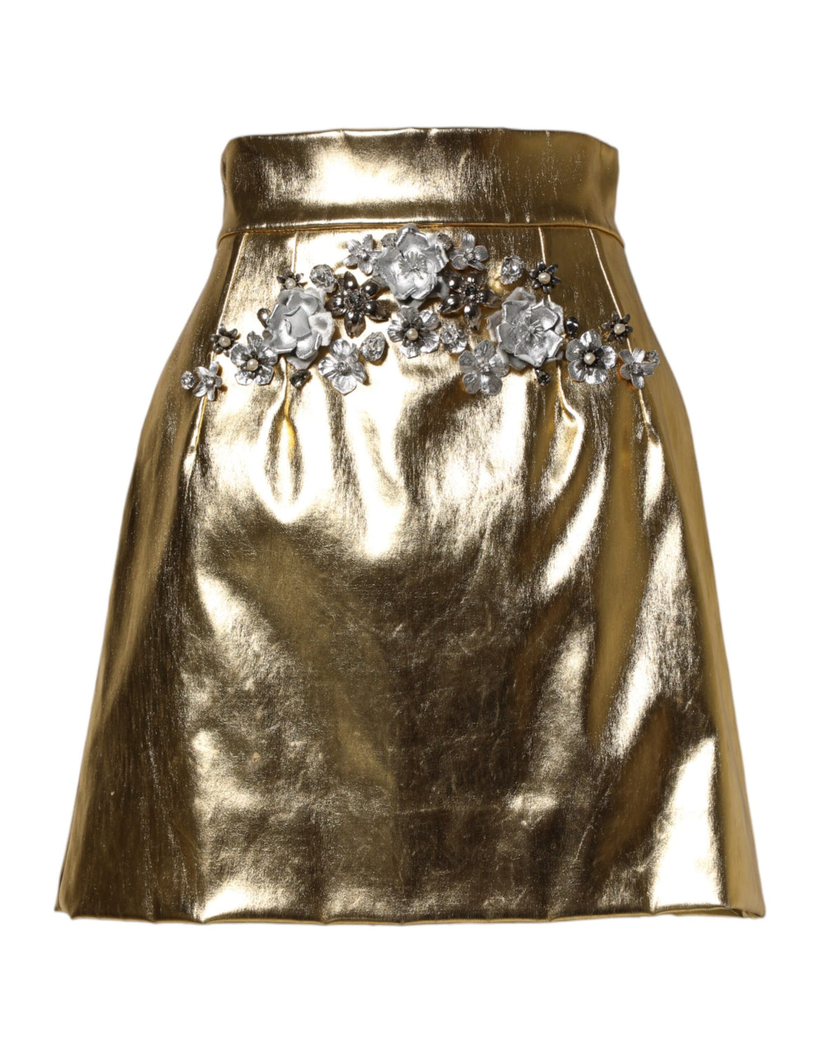 Dolce & Gabbana Gold Acetate Crystal High Waist Mini Skirt