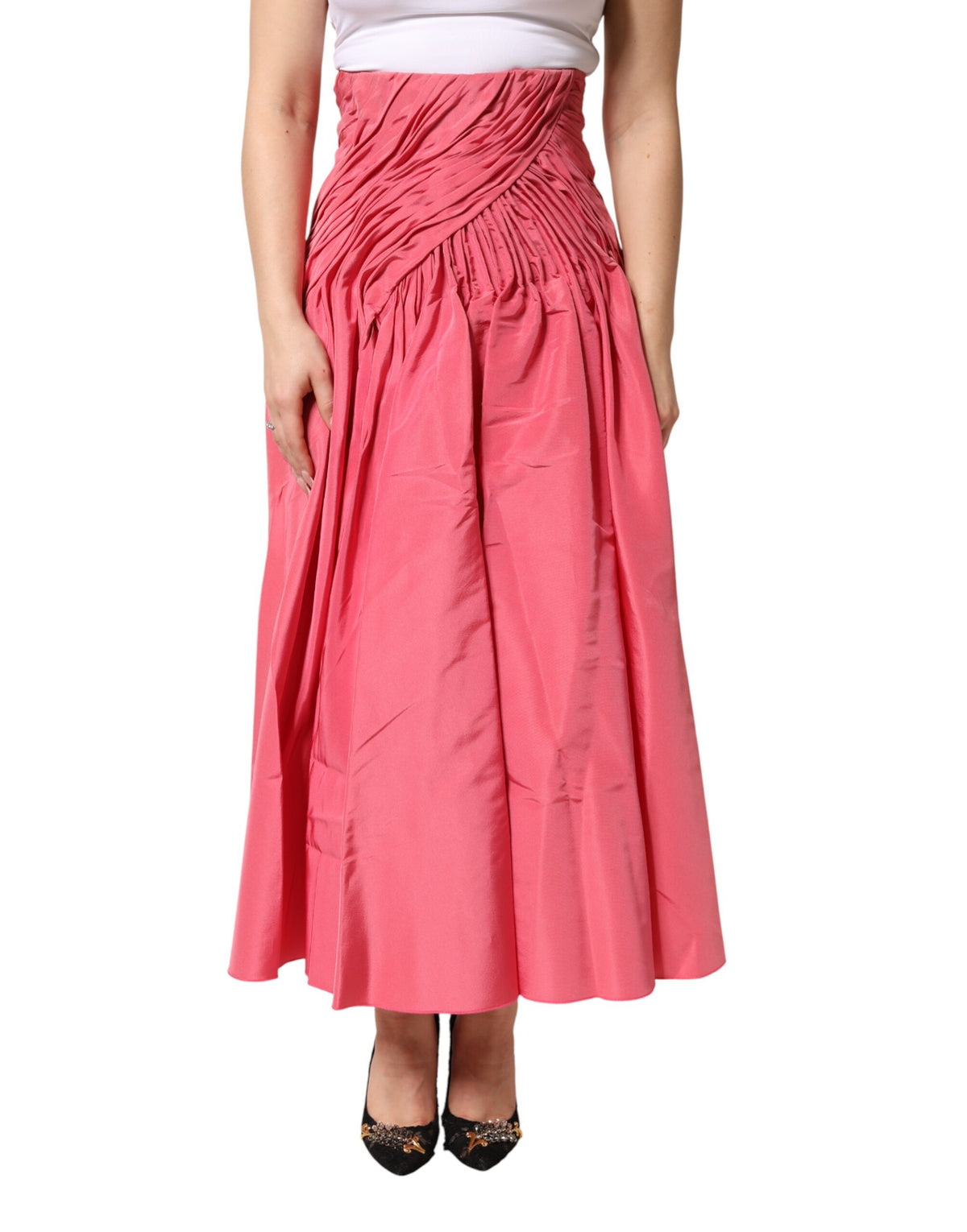 New Dolce & Gabbana Pink Silk Pleated High Waist Midi Skirt