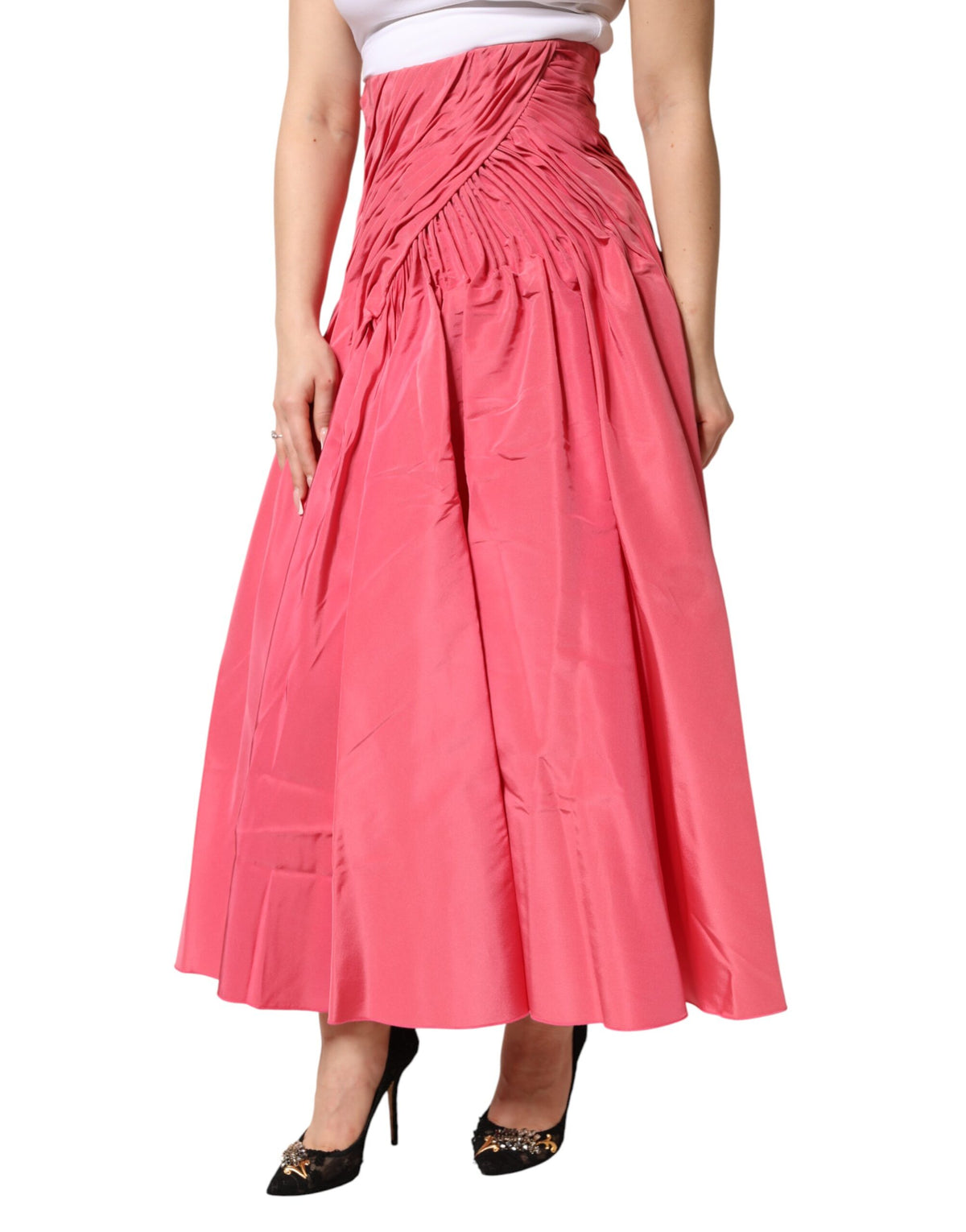 New Dolce & Gabbana Pink Silk Pleated High Waist Midi Skirt