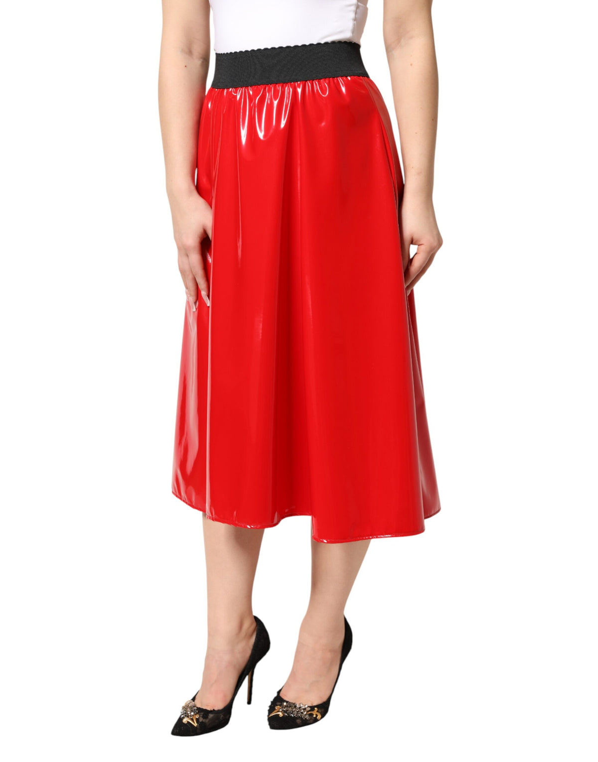 New Dolce & Gabbana Glossy Red High Waist Midi Skirt