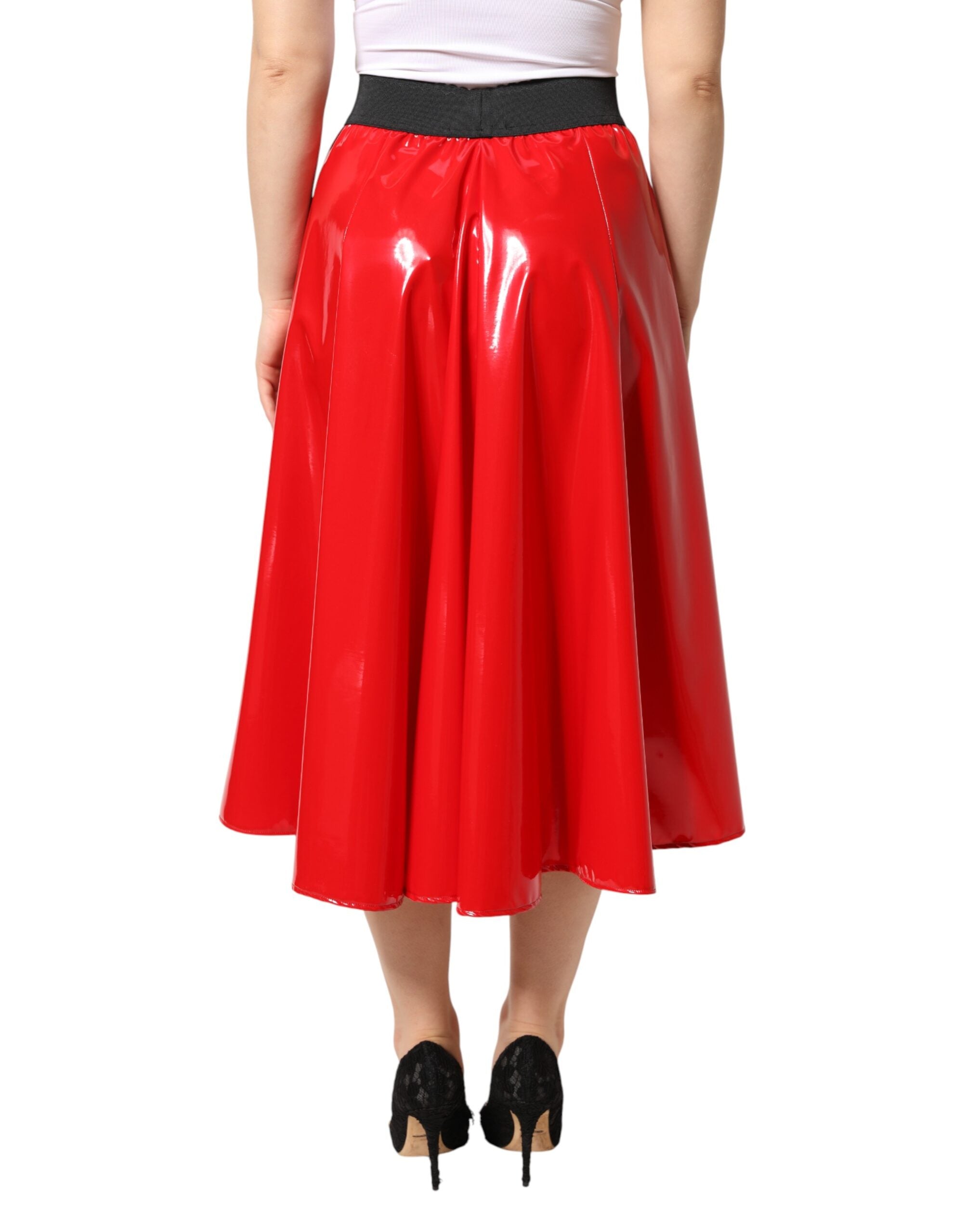 New Dolce & Gabbana Glossy Red High Waist Midi Skirt