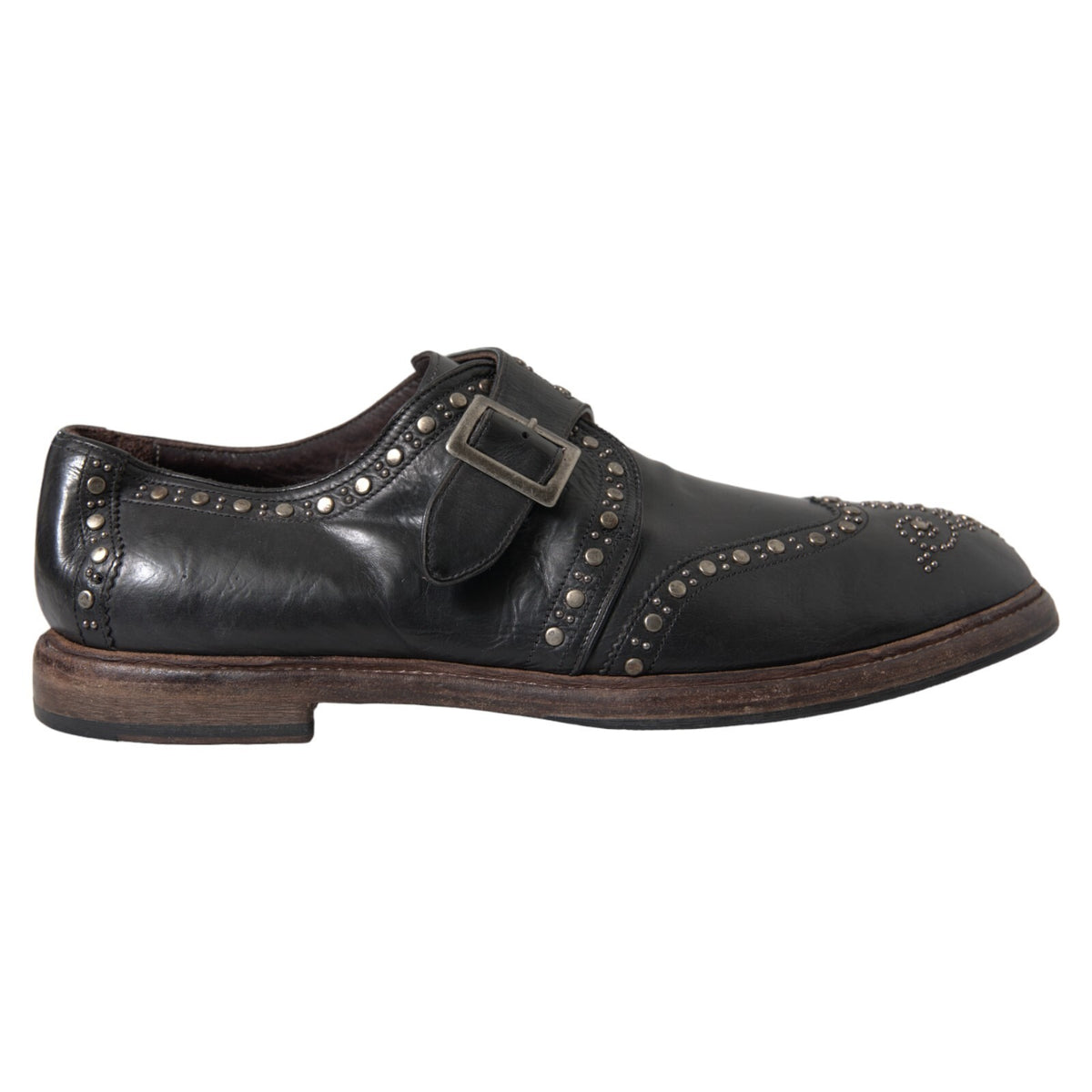 New Dolce & Gabbana Black Leather Monk Strap Studded Dress Shoes