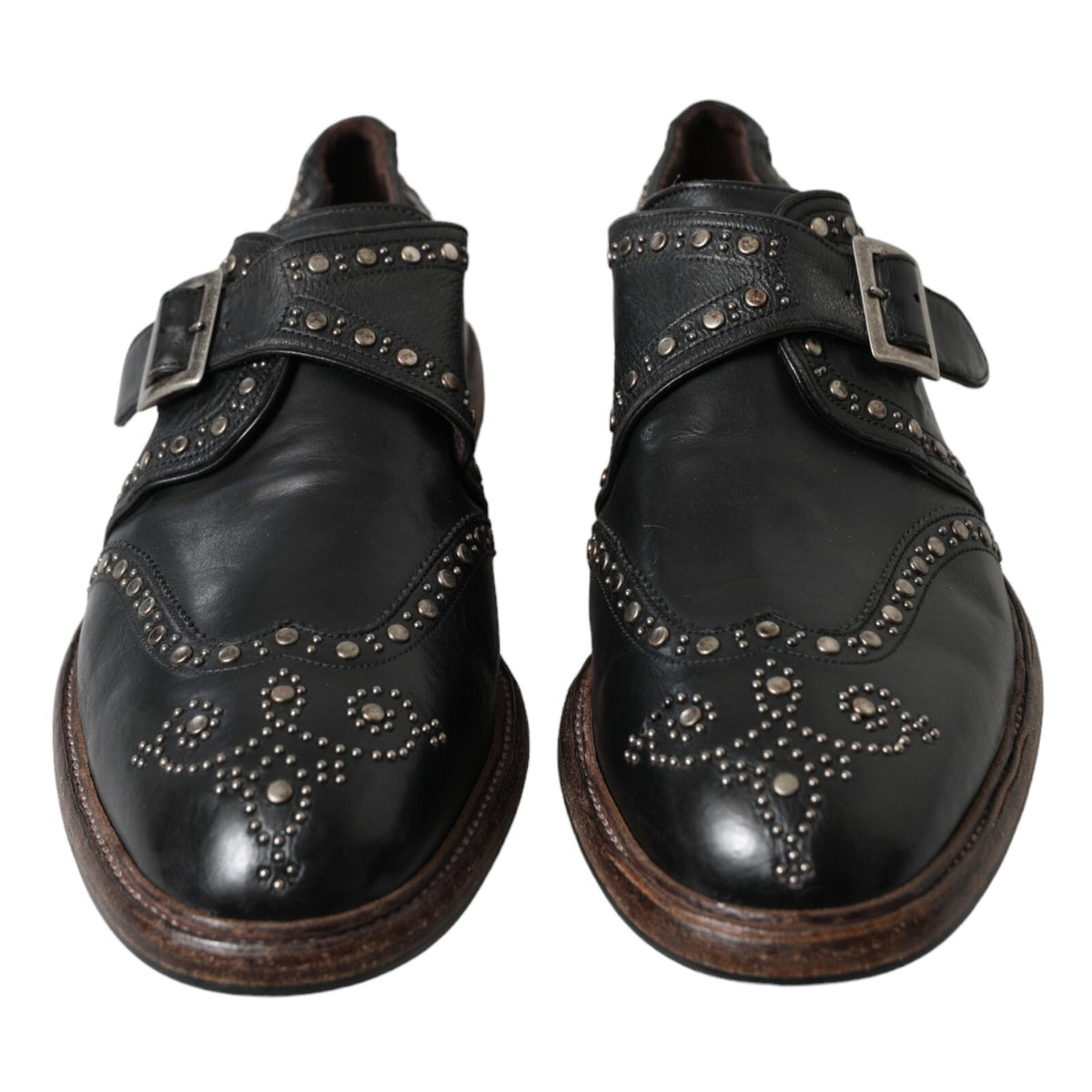 New Dolce & Gabbana Black Leather Monk Strap Studded Dress Shoes