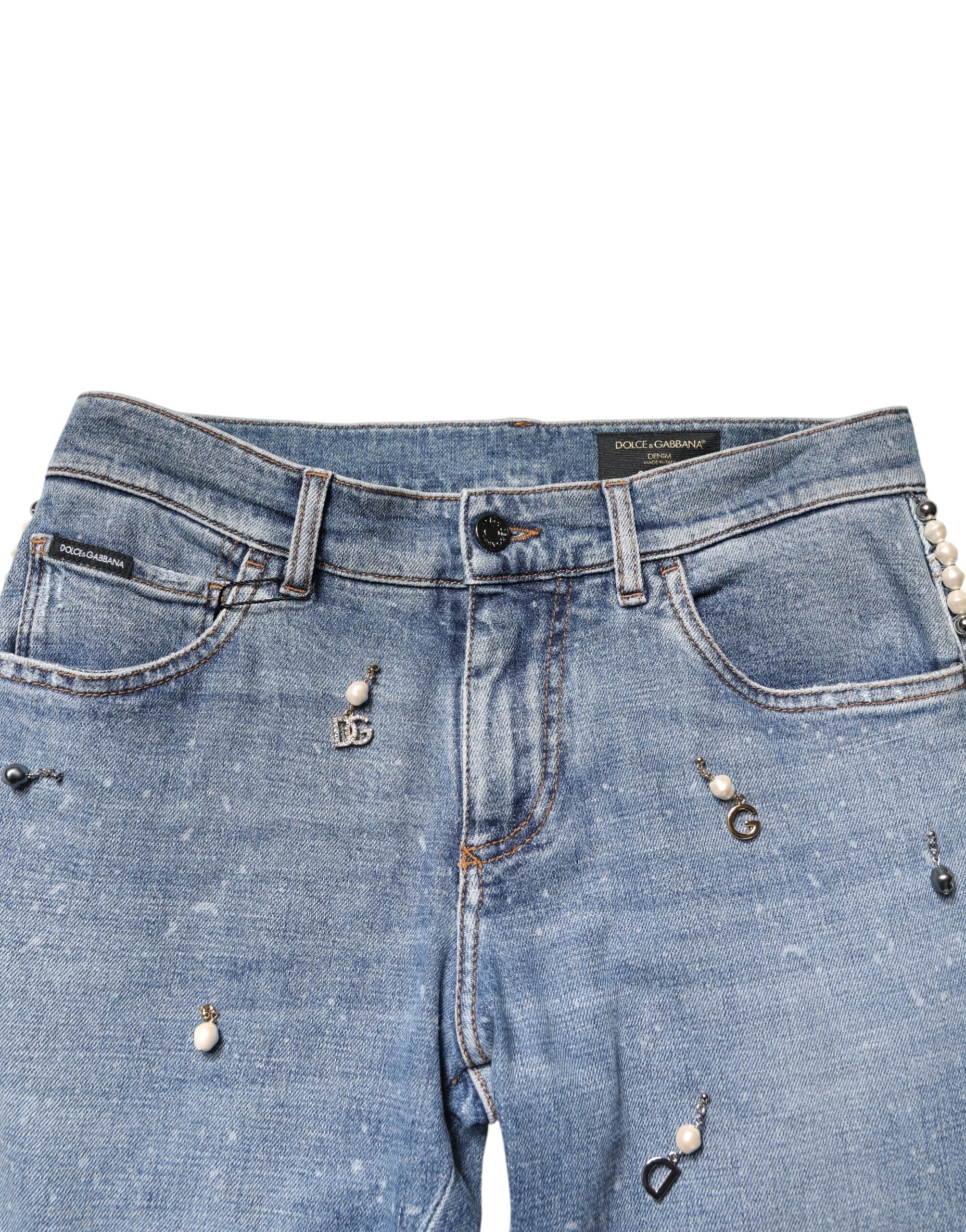 New Dolce & Gabbana Blue Embellished Cotton Skinny Denim Jeans