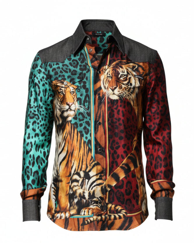 Dolce & Gabbana Multicolor Tiger Leopard Print Silk Men Shirt