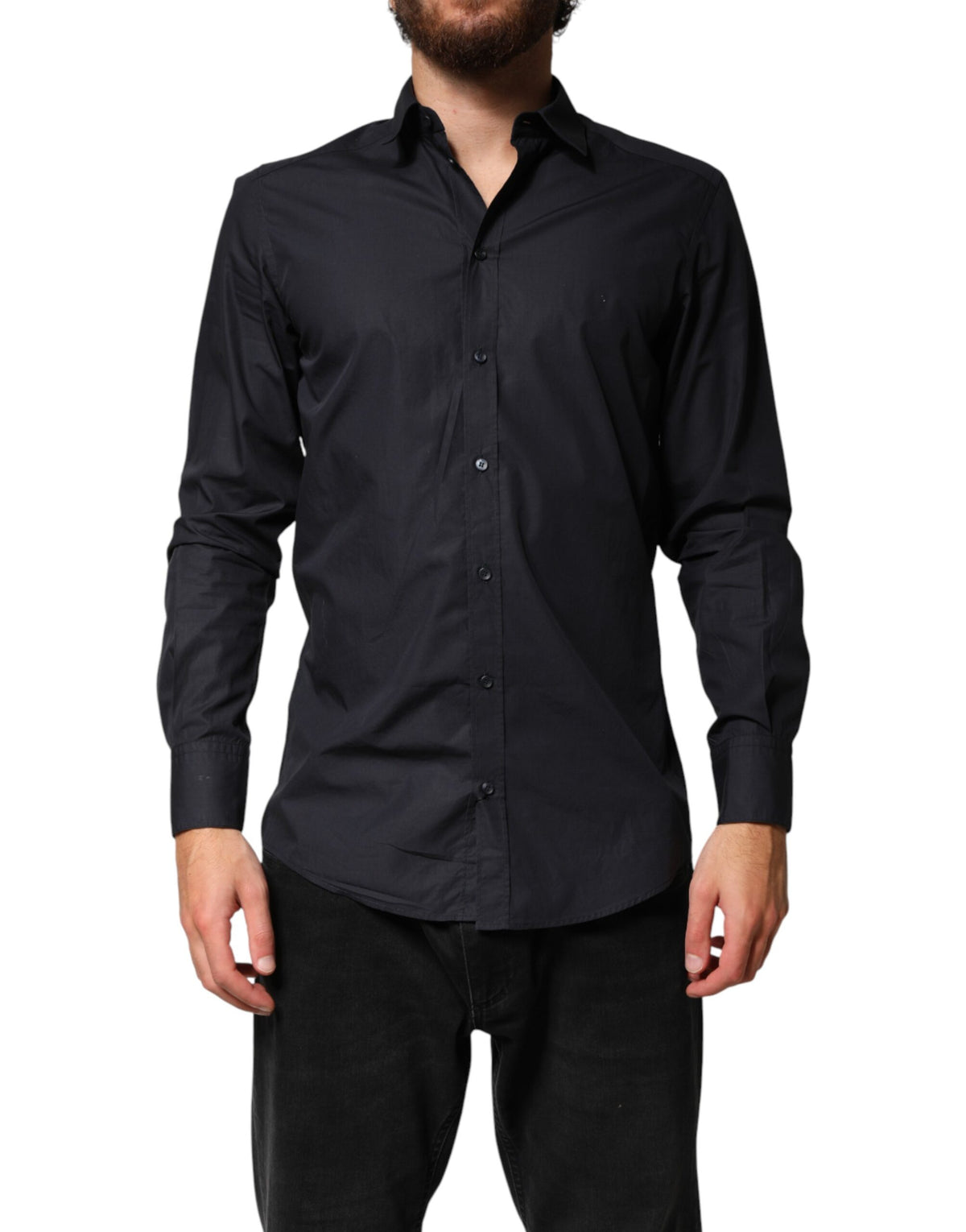 New Dolce & Gabbana Black Cotton Long Sleeves Dress Formal Shirt