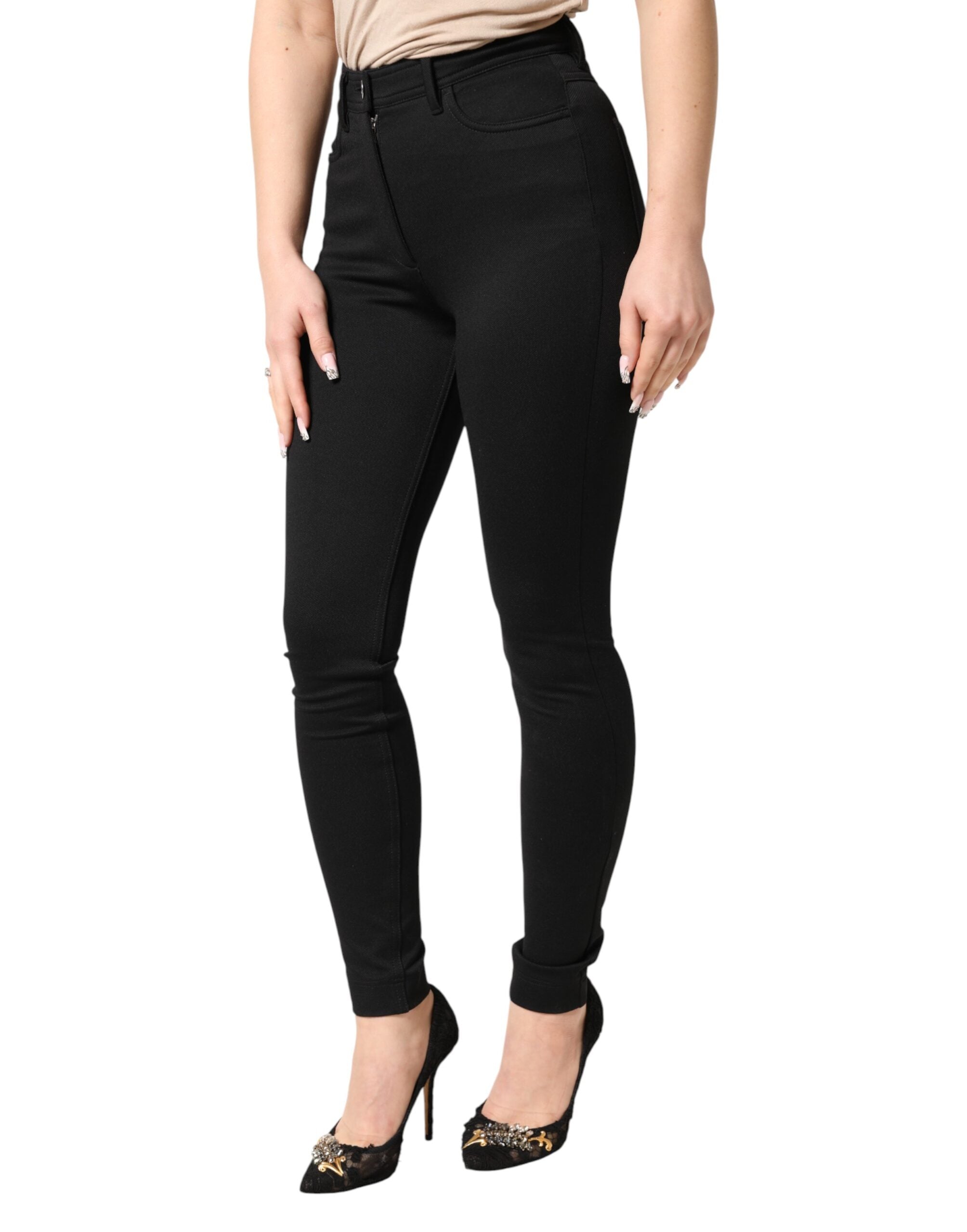 New Dolce & Gabbana Black Nylon Stretch Skinny High Waist Pants