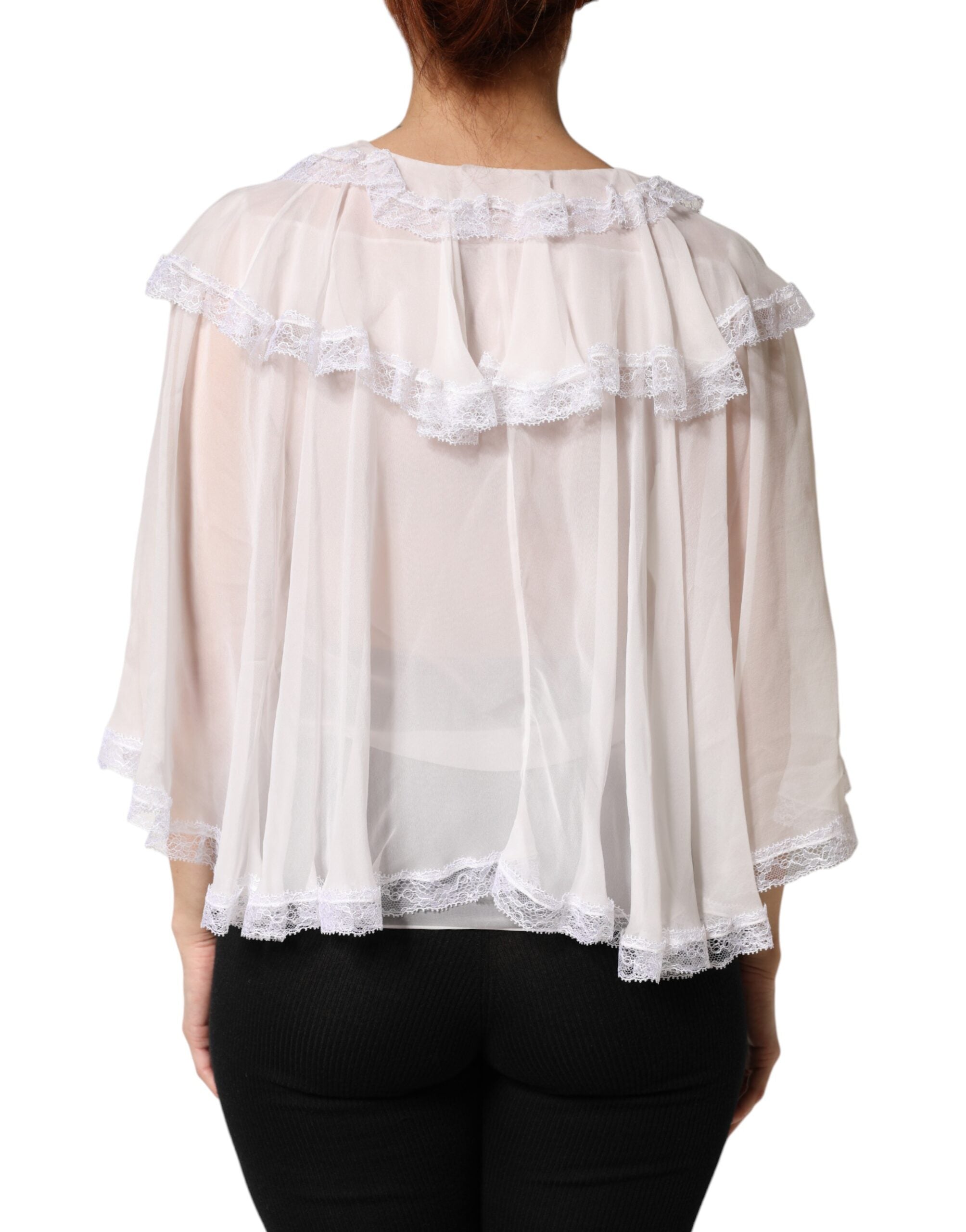 Pre-Owned Dolce & Gabbana White Ruffles Lace Long Sleeve Blouse Top
