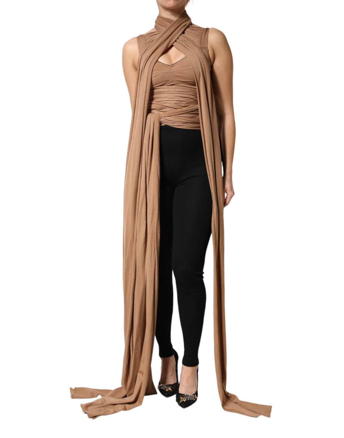 New Dolce & Gabbana Brown Virgin Wool Sleeveless Scarf Tank Top