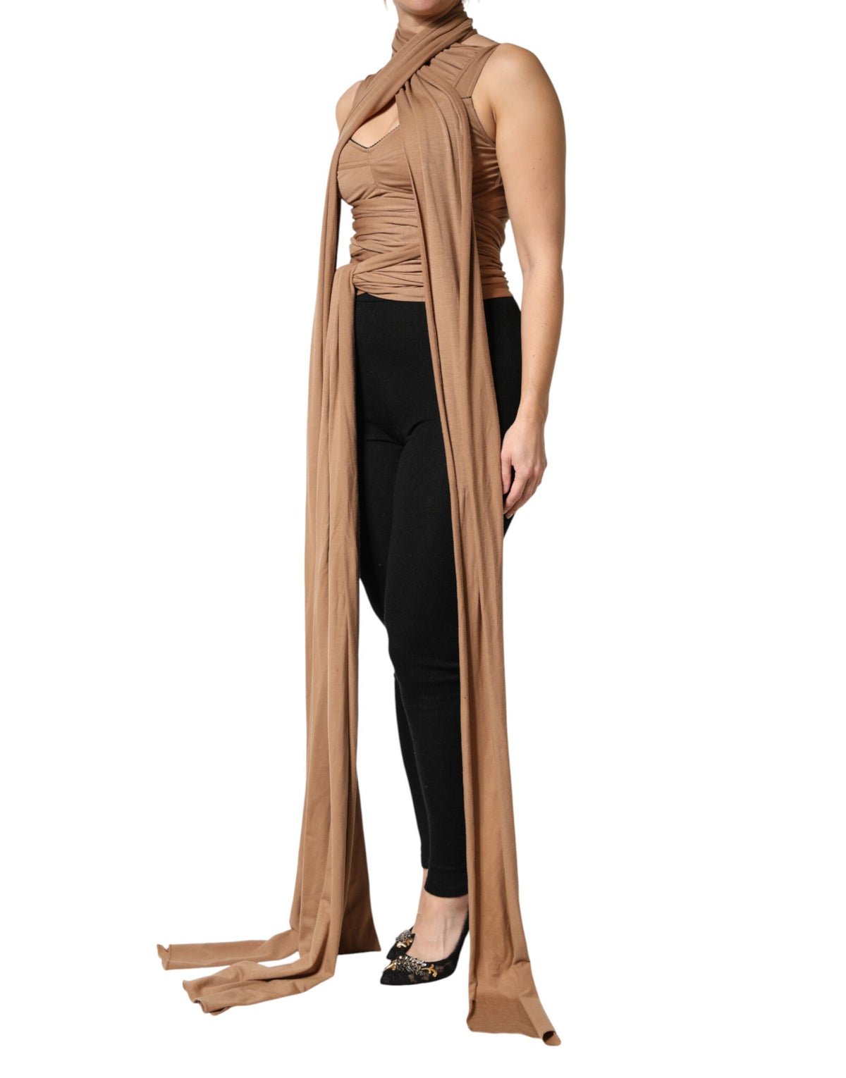 New Dolce & Gabbana Brown Virgin Wool Sleeveless Scarf Tank Top